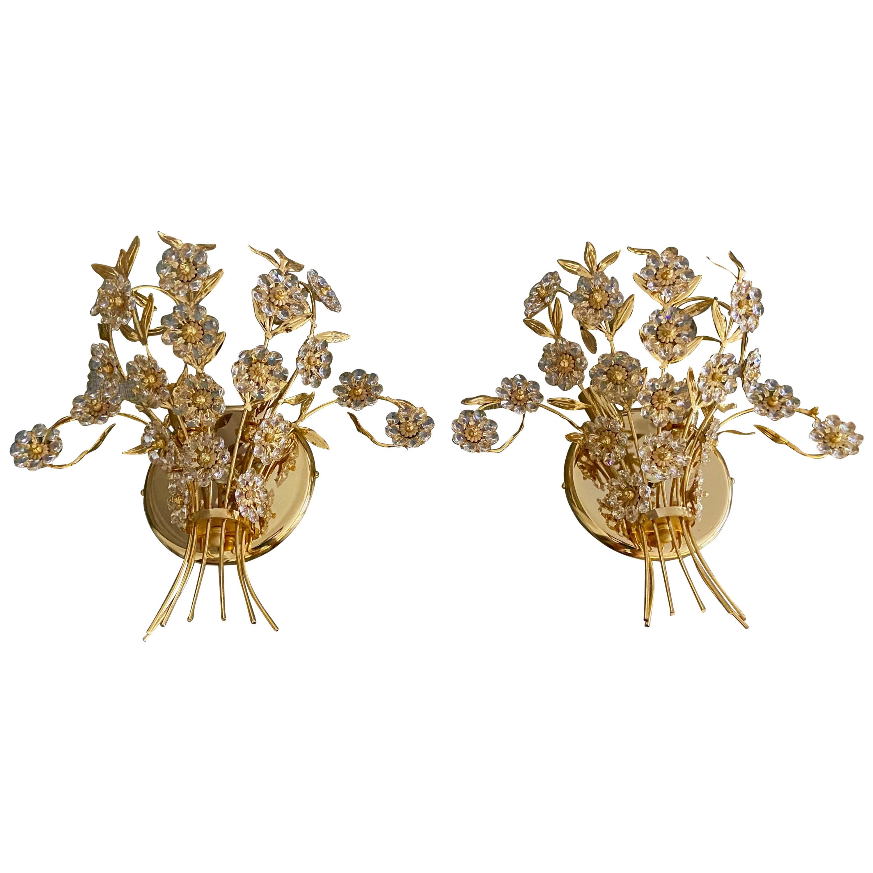 Pair of Large Palwa Crystal and Gold Floral Flower Wall Sconces