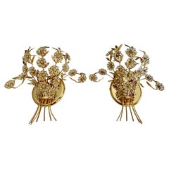 Pareja de grandes apliques de cristal de Palwa y flores de oro