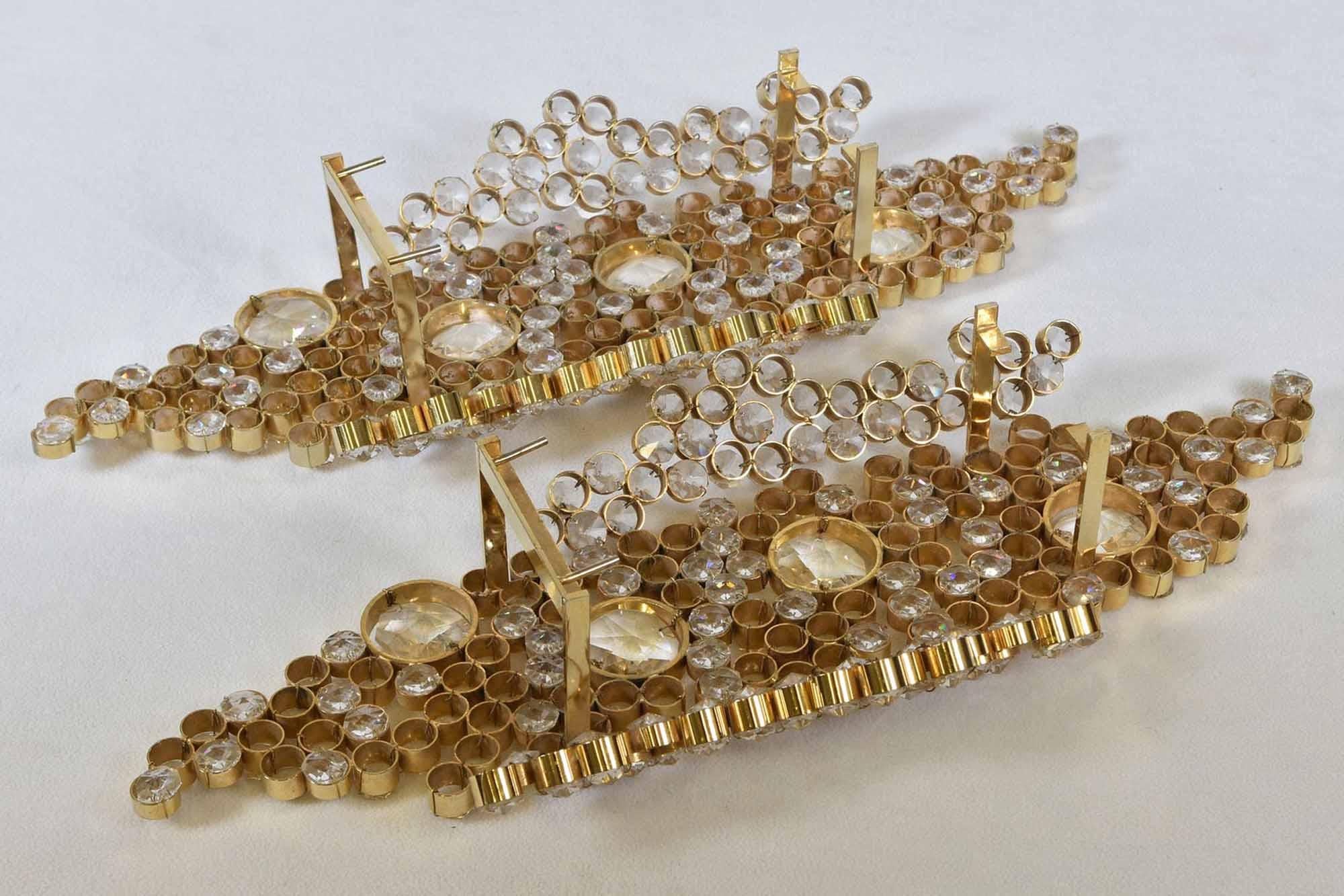 Pair of Large Palwa Gilt Plated & Crystal Glass Wall Lights Sconces Germany 1960 5