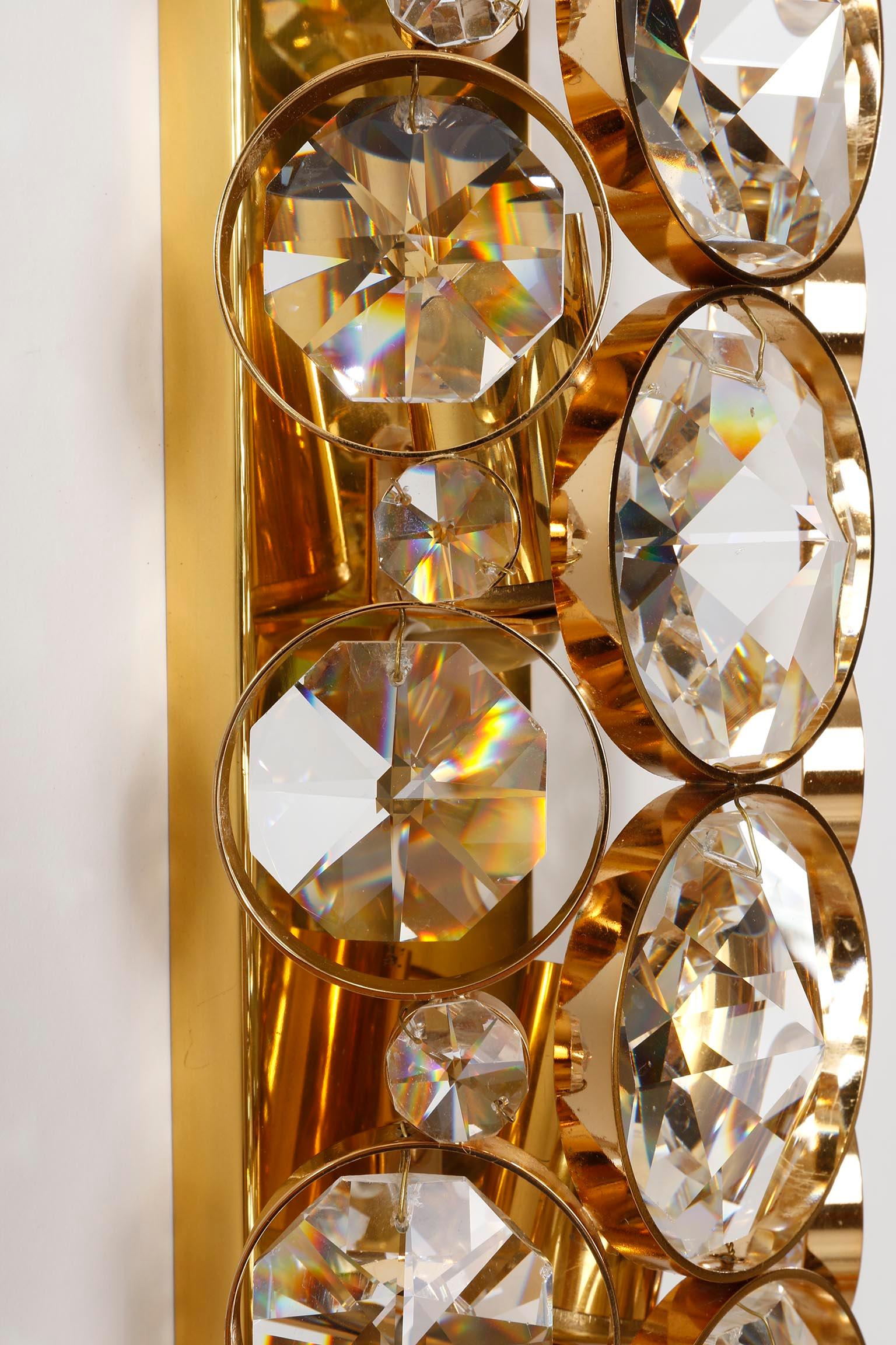 Pair of Large Palwa Sconces Wall Lights, Gilt Brass and Cut Crystal Glass, 1970 For Sale 4