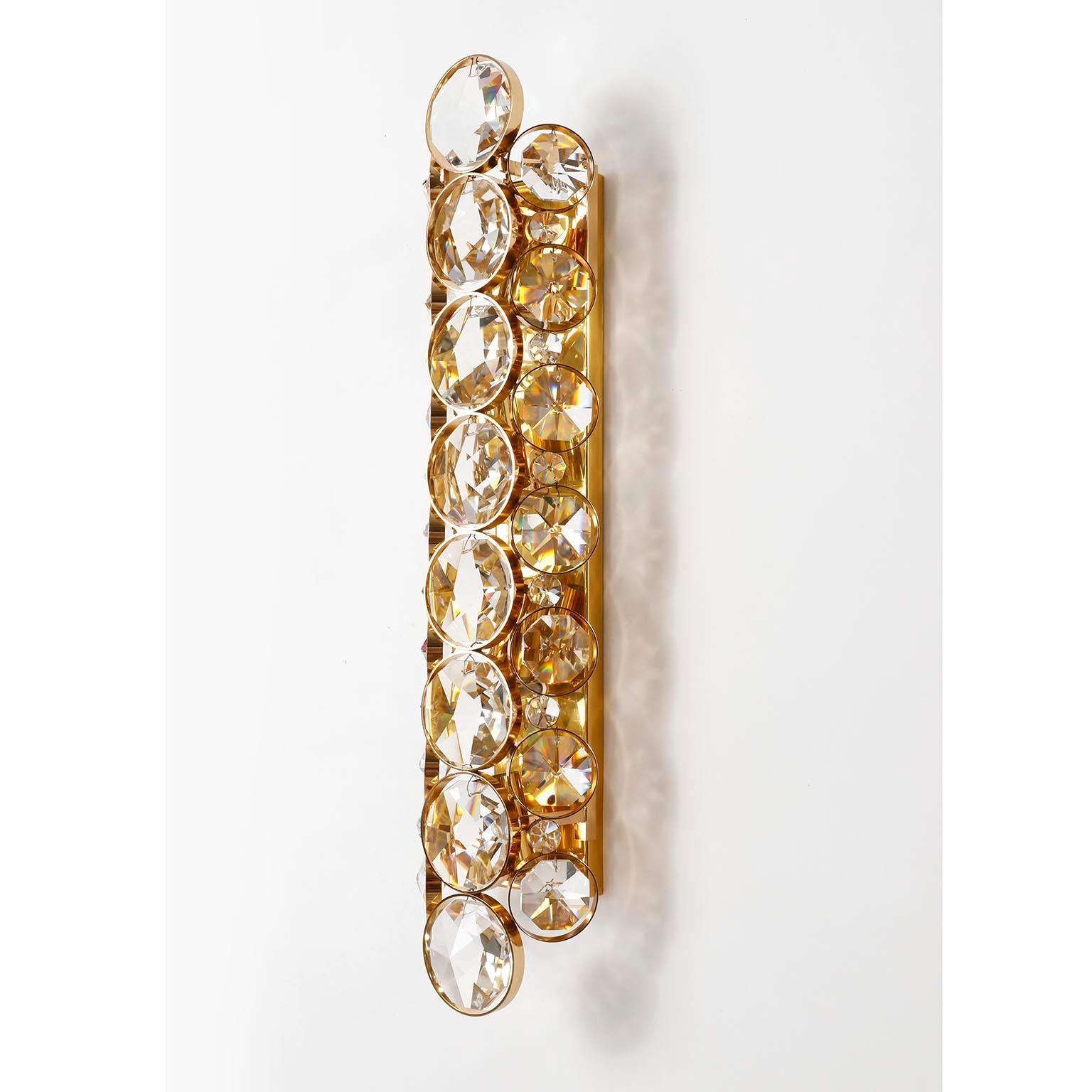 Mid-Century Modern Pair of Large Palwa Sconces Wall Lights, Gilt Brass and Cut Crystal Glass, 1970 For Sale