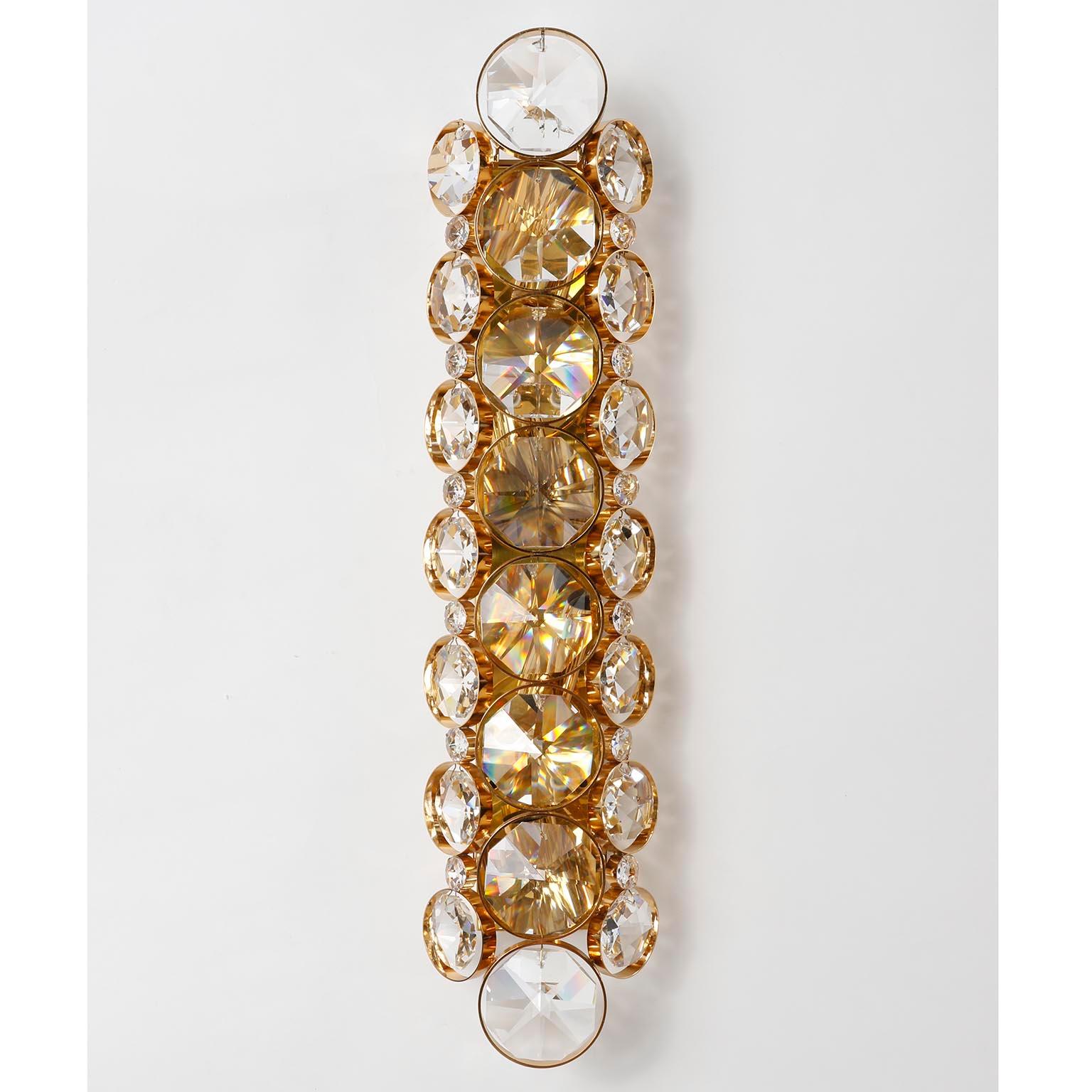 German Pair of Large Palwa Sconces Wall Lights, Gilt Brass and Cut Crystal Glass, 1970 For Sale