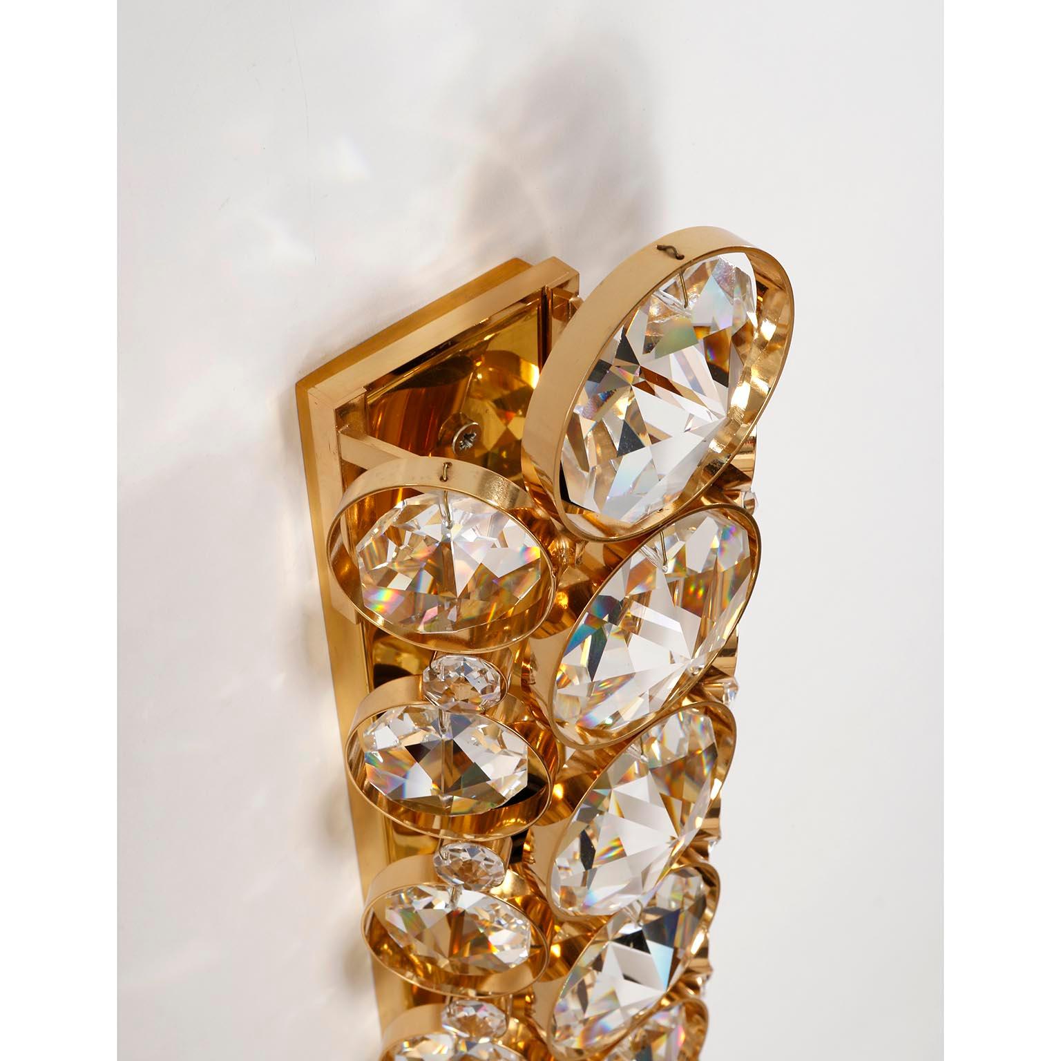 Pair of Large Palwa Sconces Wall Lights, Gilt Brass and Cut Crystal Glass, 1970 For Sale 2