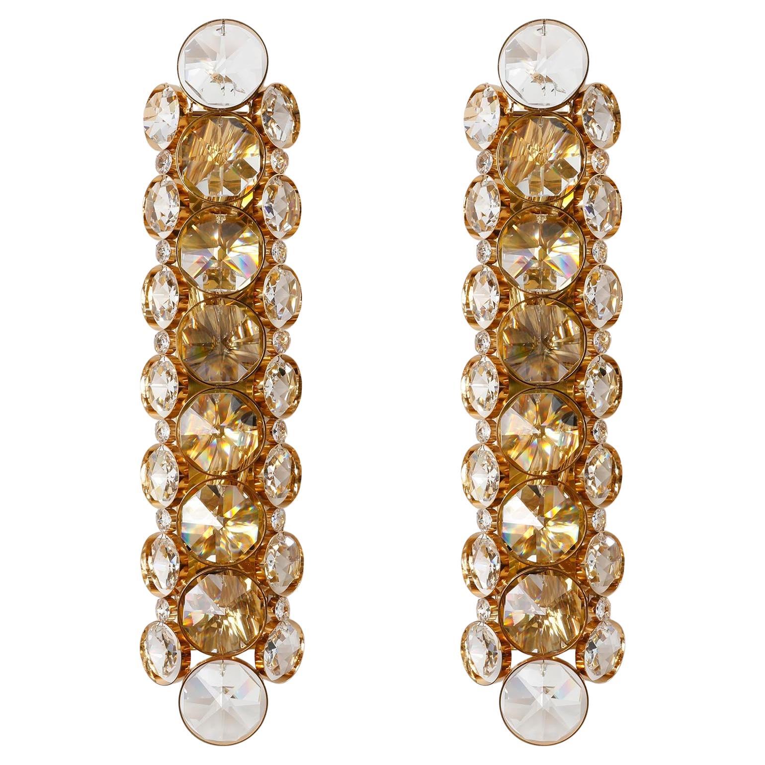 Pair of Large Palwa Sconces Wall Lights, Gilt Brass and Cut Crystal Glass, 1970