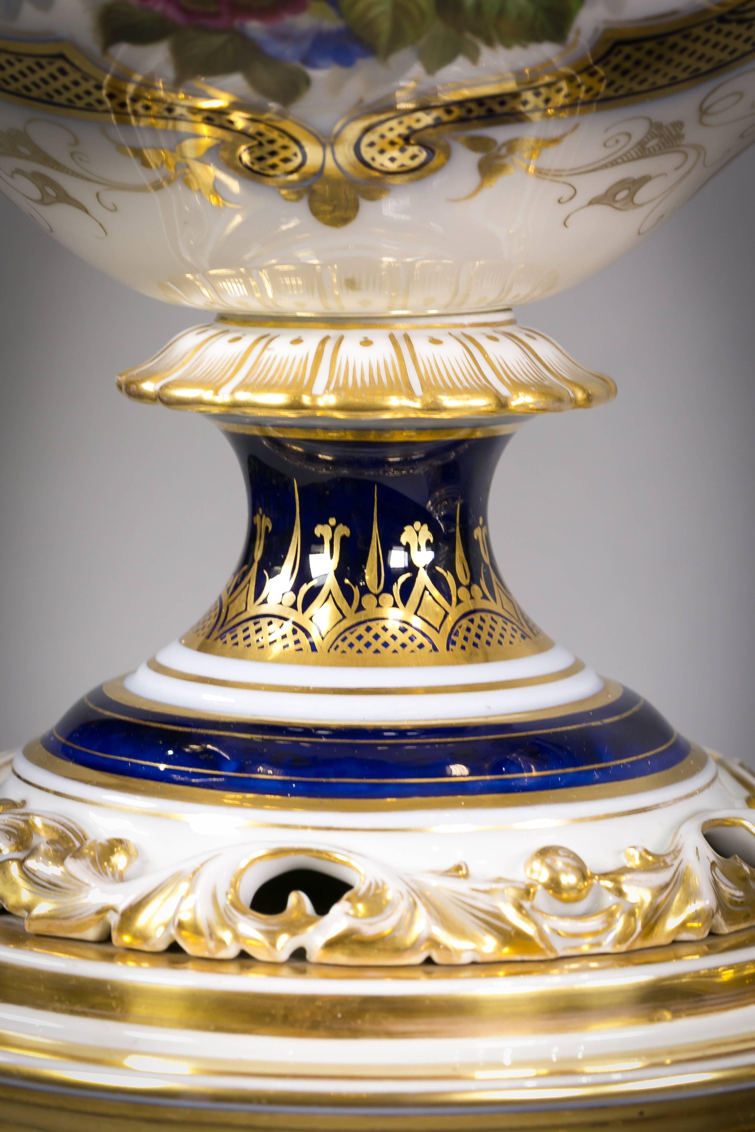 French Pair of Large Paris Porcelain Two-Handled Vases on Plinths, circa 1860 For Sale