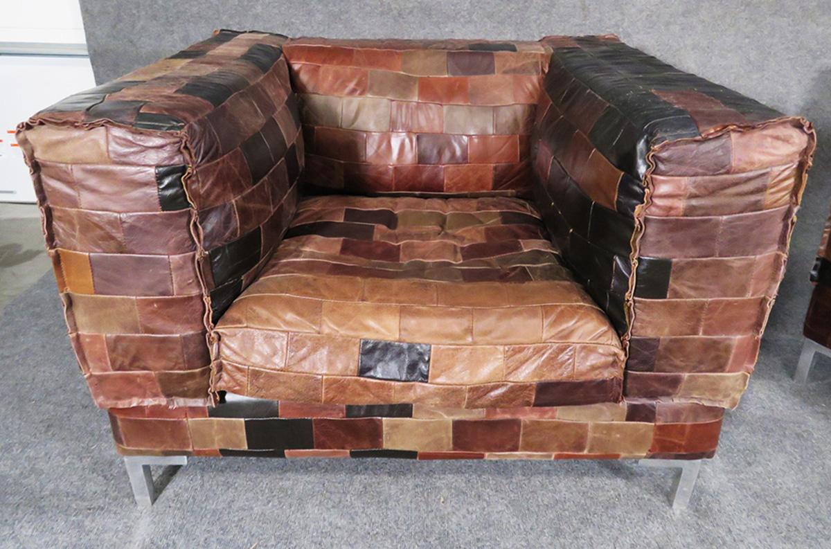 Distressed antiqued genuine top-grain leather. Mid-Century Modern styling. Excellent condition and extremely comfortable.