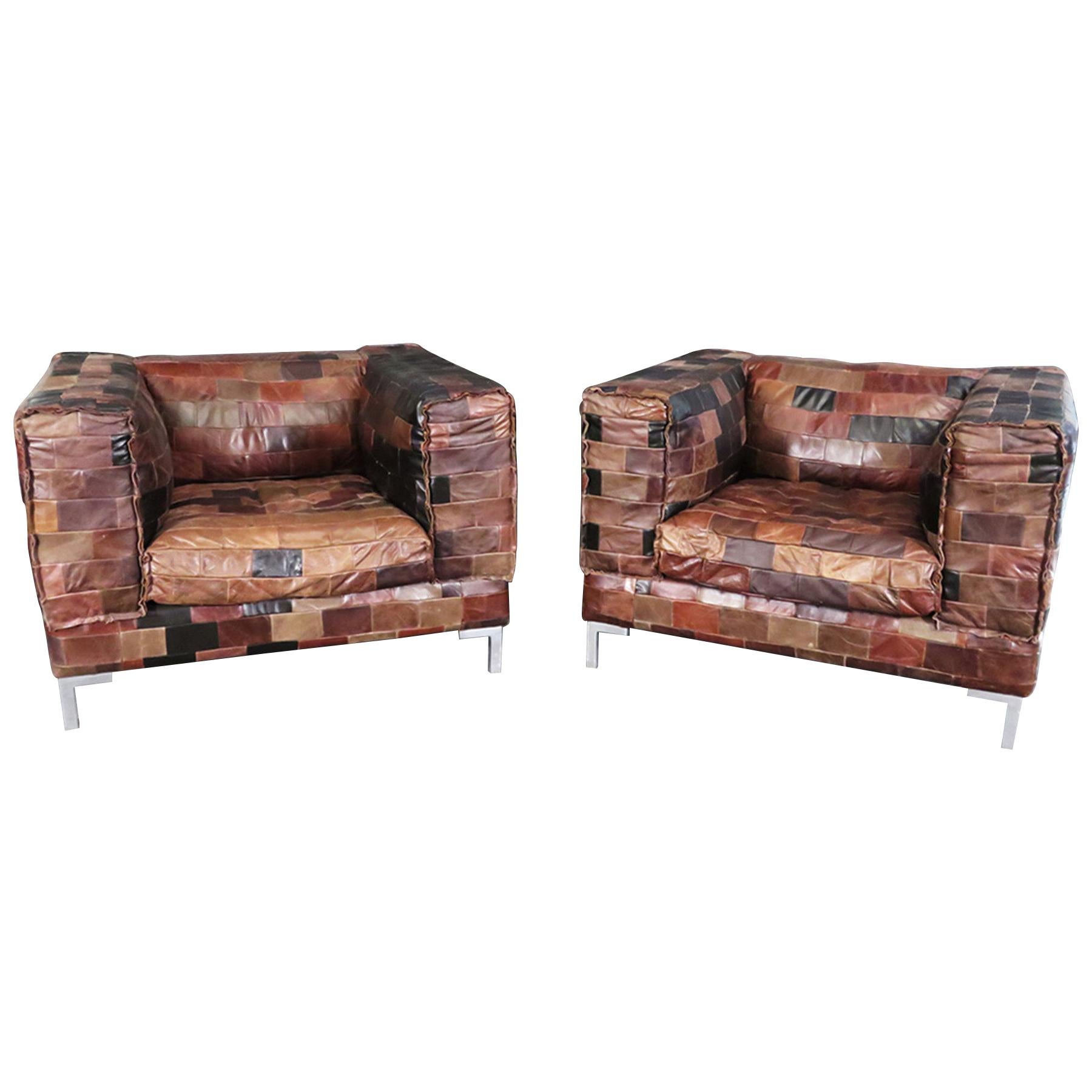 Pair of Large Patchwork Leather Cubist Modern Mid-Century Modern Club Chairs