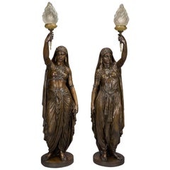 Pair of Large Patinated Bronze Figural Torcheres Cast by Barbedienne, Dated 1872