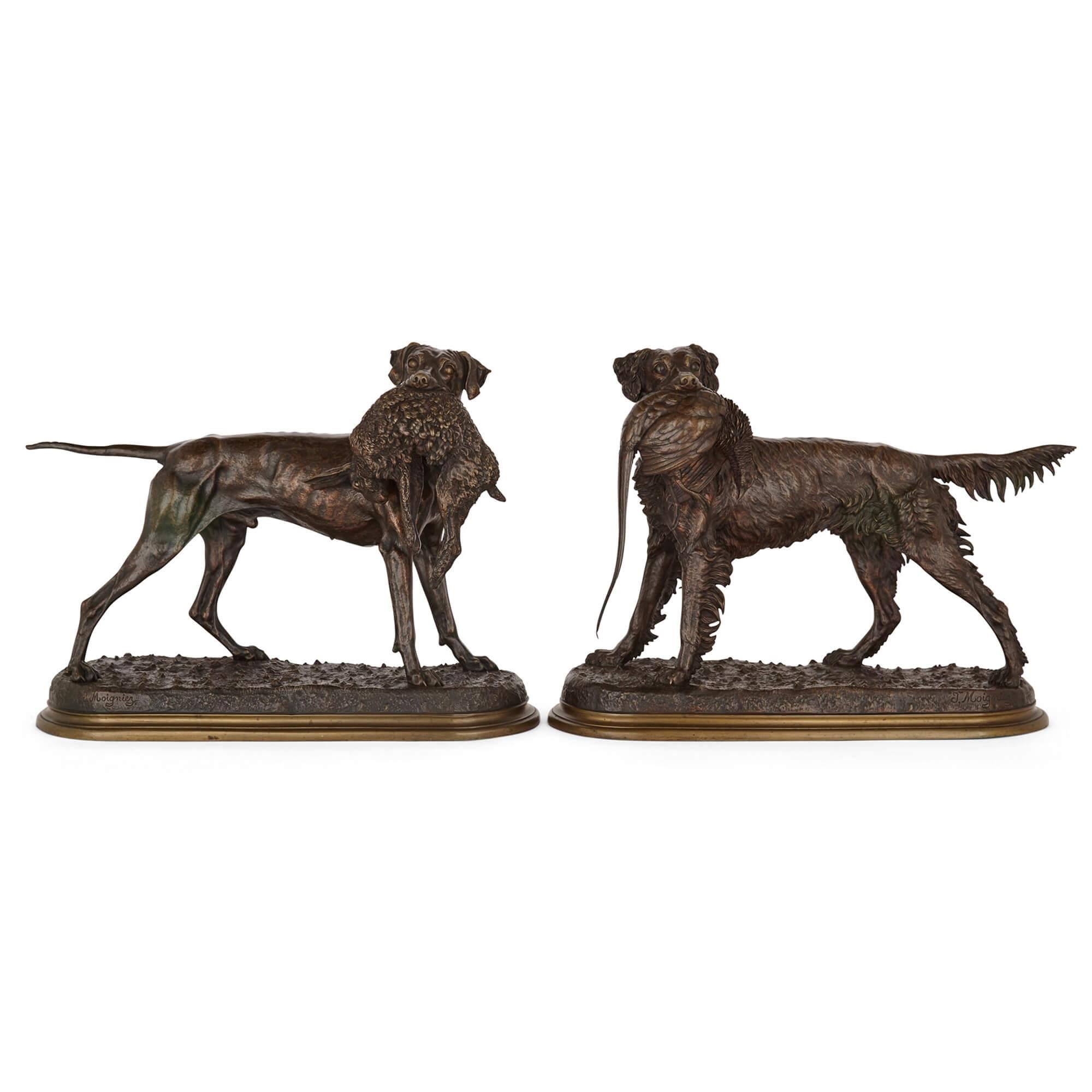 Pair of large patinated bronze hunting dog models by Moigniez
French, late 19th century
Measures: height 43cm, width 58cm, depth 21cm

Made in the late nineteenth century by the fine and acclaimed maker of animalier sculptures Jules Moigniez,