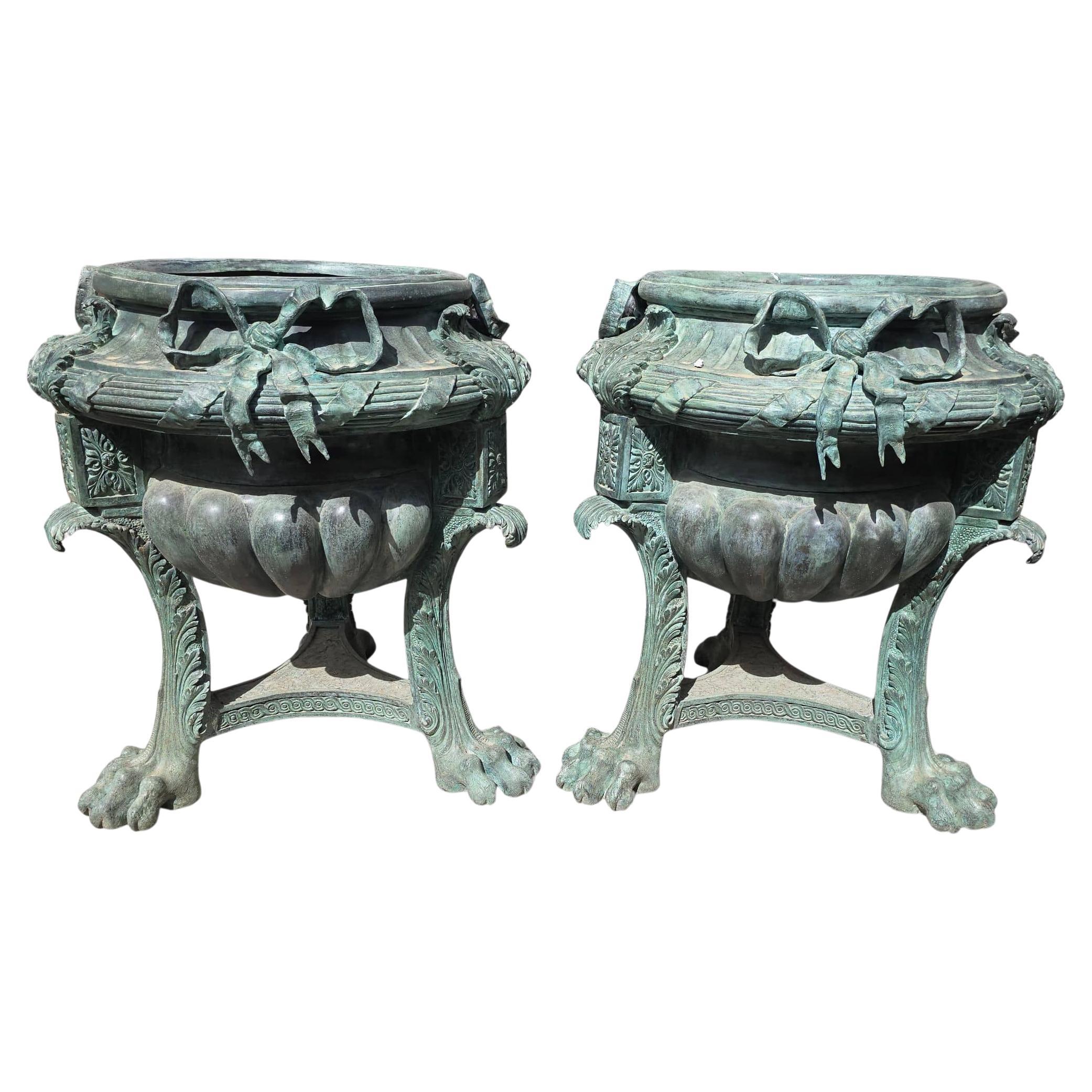 Pair of Large Patinated Bronze Planters with Floral Motifs, 1980s For Sale