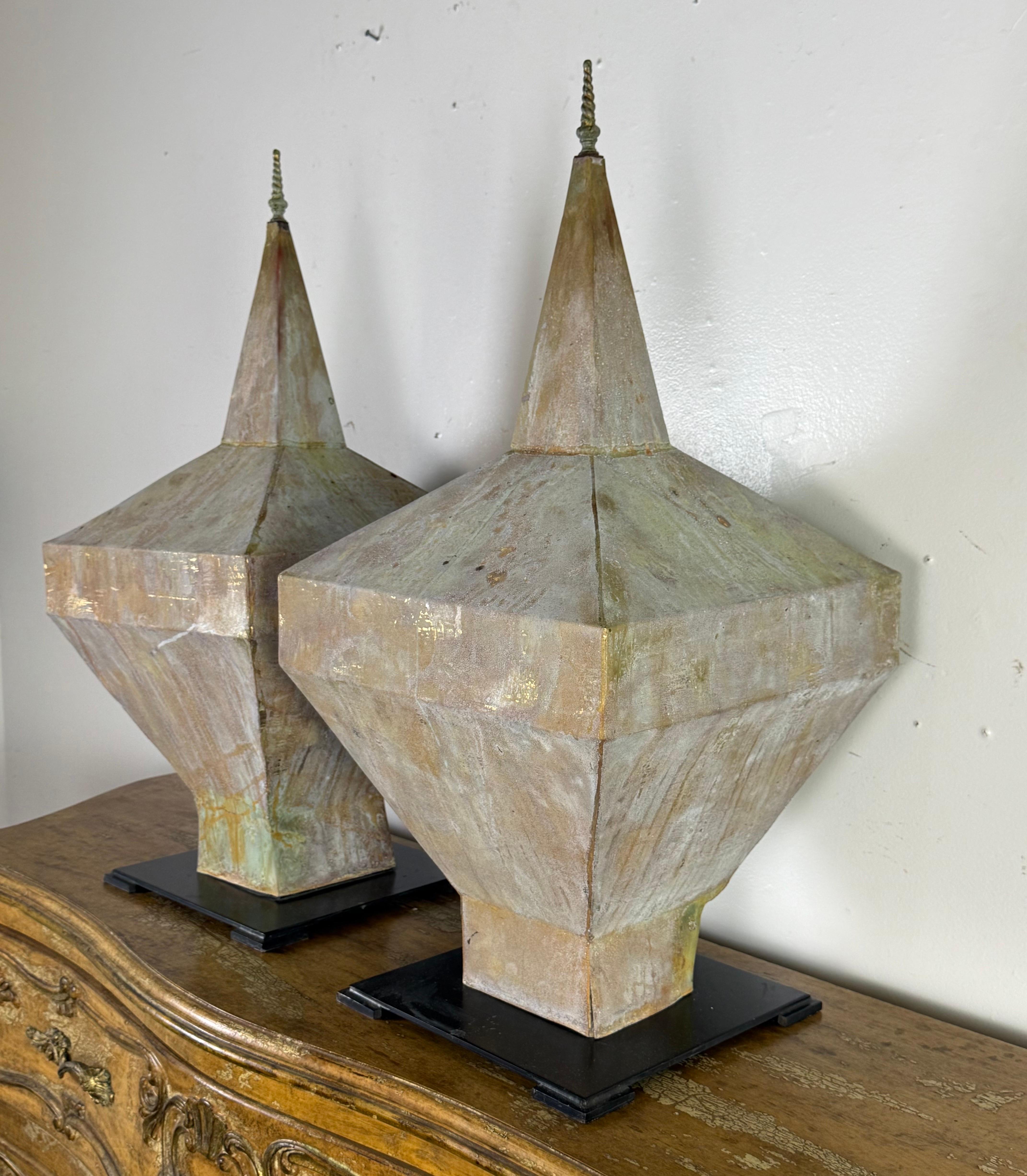 Industrial Pair of Large Patinated Zinc Architectural Finials Mounted on Iron Bases For Sale