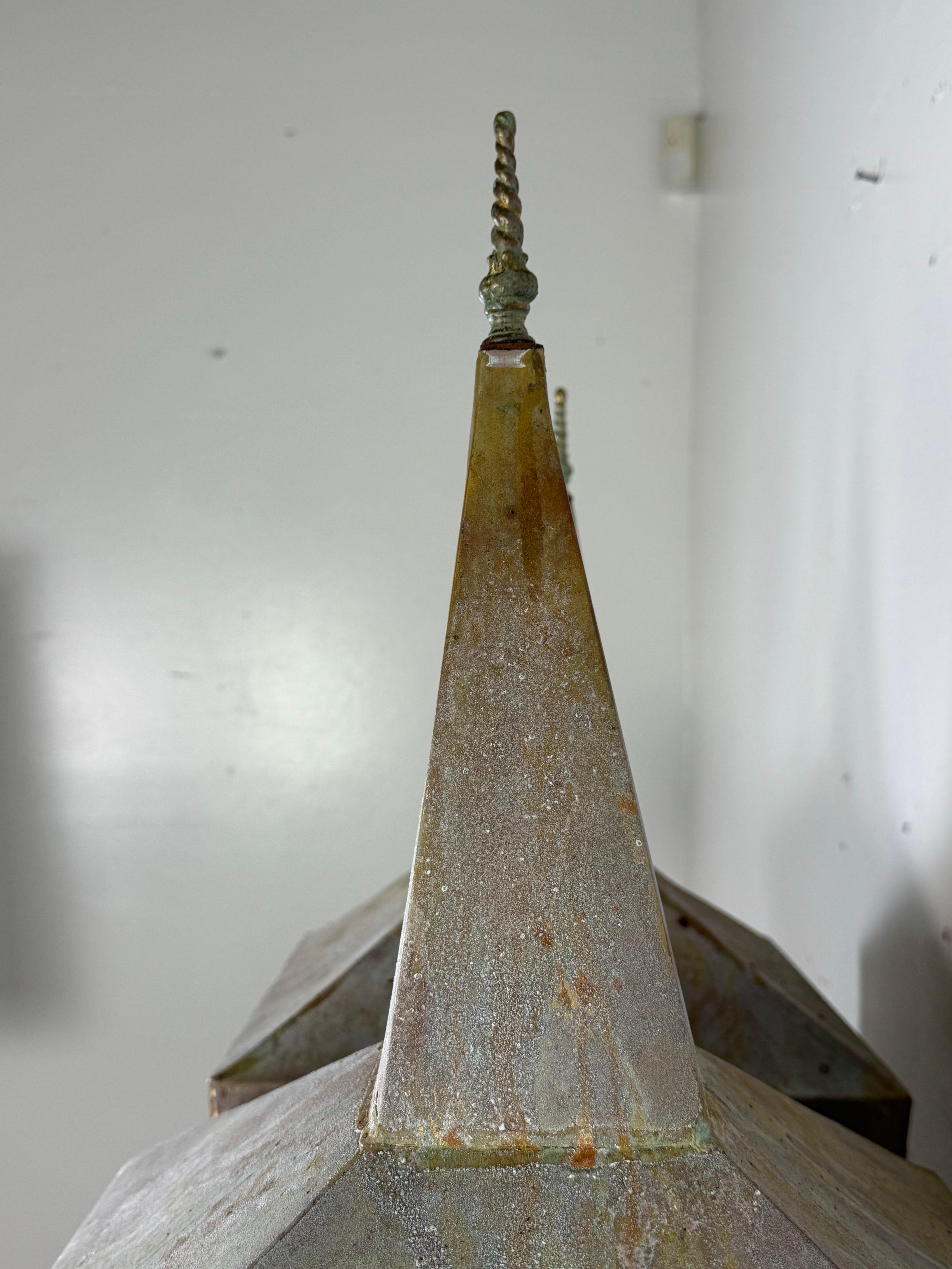 Pair of Large Patinated Zinc Architectural Finials Mounted on Iron Bases For Sale 1
