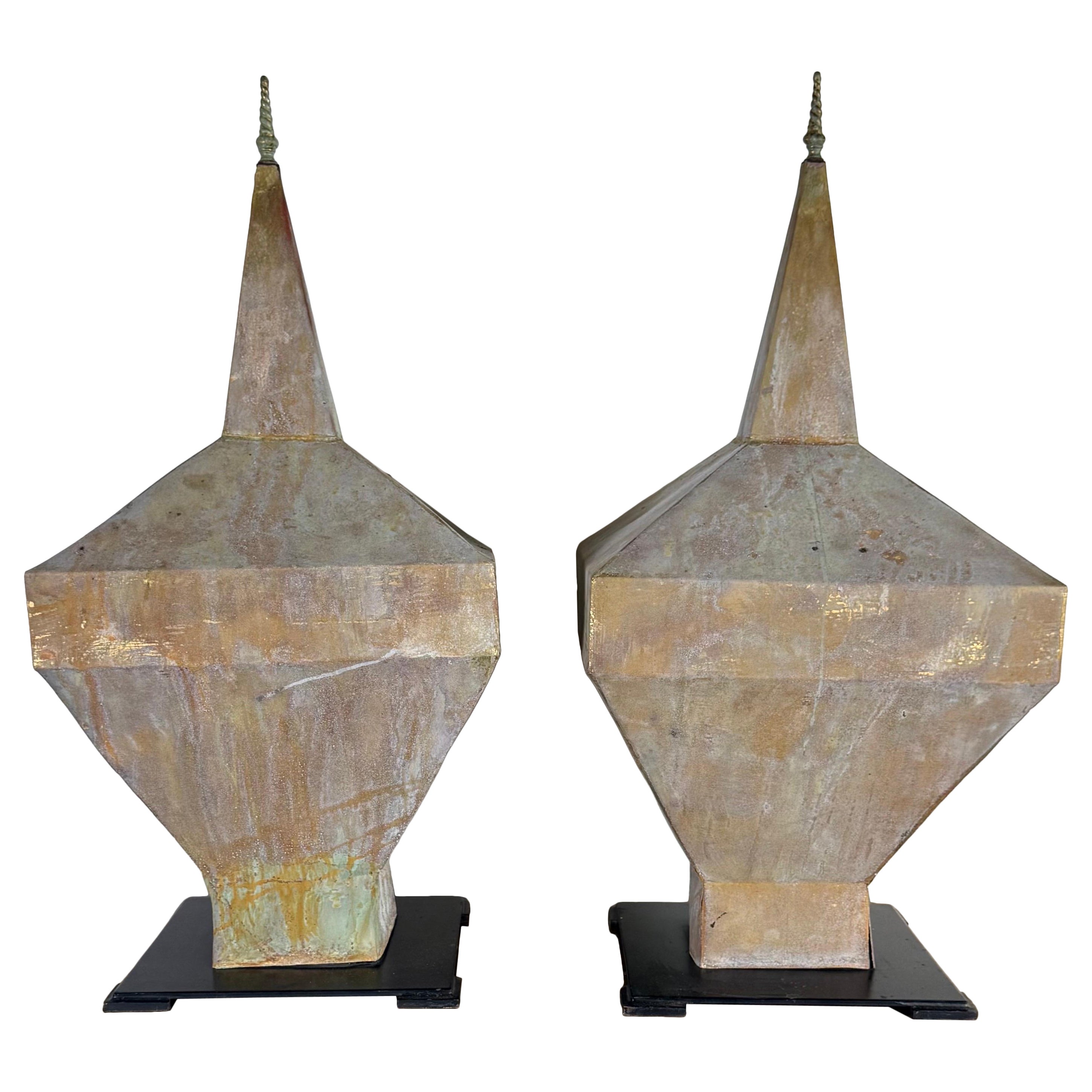 Pair of Large Patinated Zinc Architectural Finials Mounted on Iron Bases For Sale
