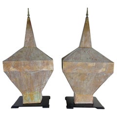 Pair of Large Patinated Zinc Architectural Finials Mounted on Iron Bases