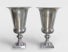 Pair of Large Pedestal Urn Lamps Polished Aluminum, Arthur Court Style, 1970s