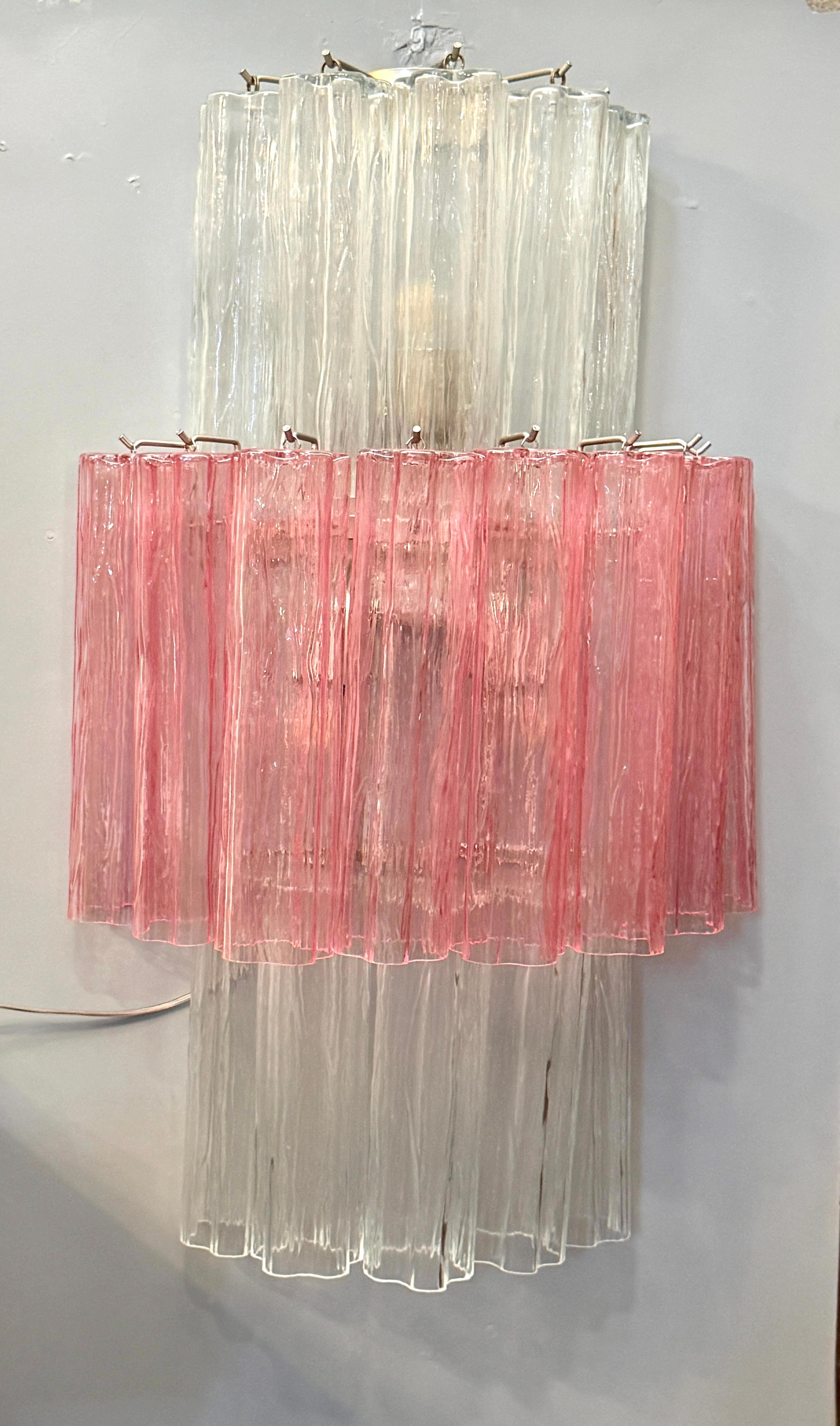 Pair of Large Pink and Clear Murano Glass Sconces or Wall Lights  1990' For Sale 3