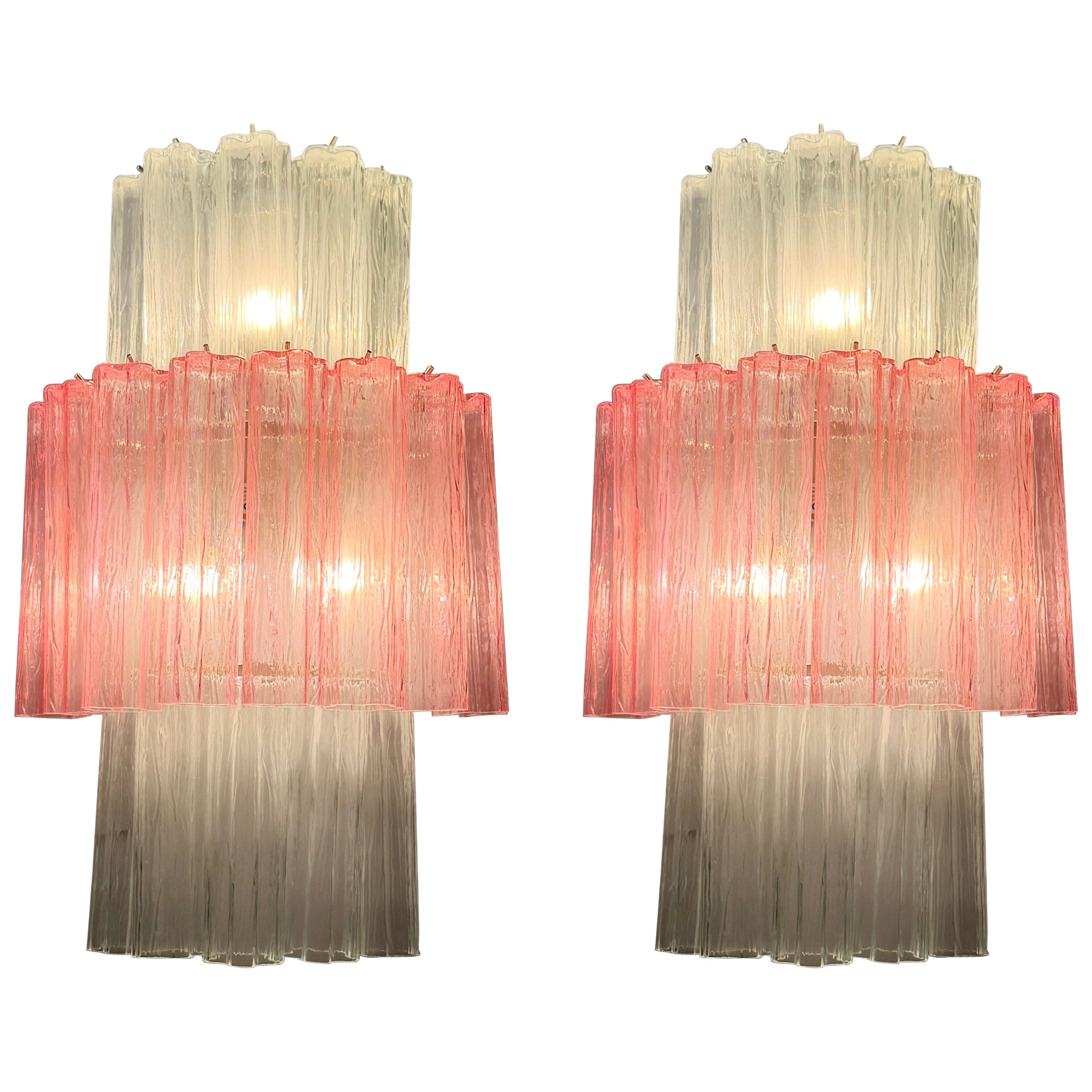 Pair of Large Pink and Clear Murano Glass Sconces or Wall Lights  1990'