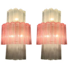 Pair of Large Pink and Clear Murano Glass Sconces or Wall Lights  1990'