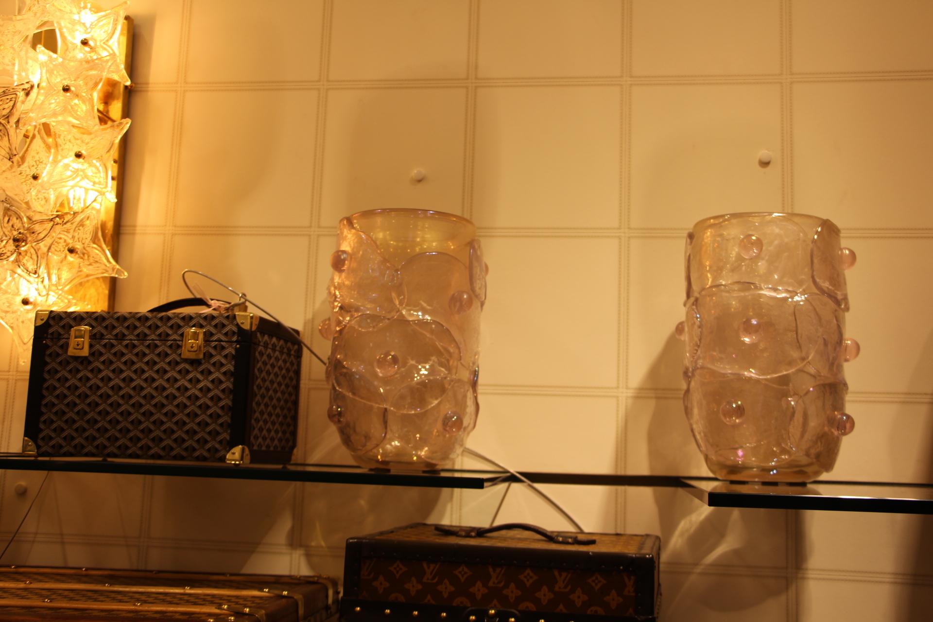 Pair of Large Pink Color and iridescent Murano Glass Vases by Cenedese 13