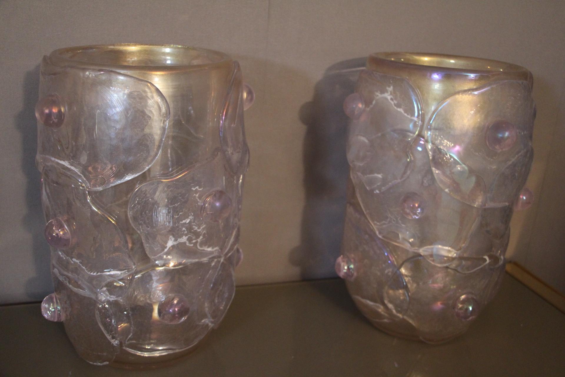 Pair of Large Pink Color and iridescent Murano Glass Vases by Cenedese In Excellent Condition In Saint-Ouen, FR