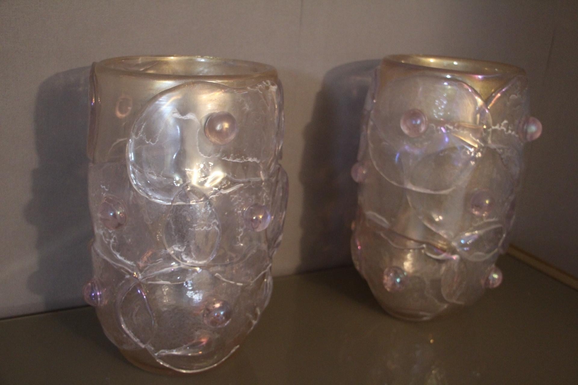 Pair of Large Pink Color and iridescent Murano Glass Vases by Cenedese 1