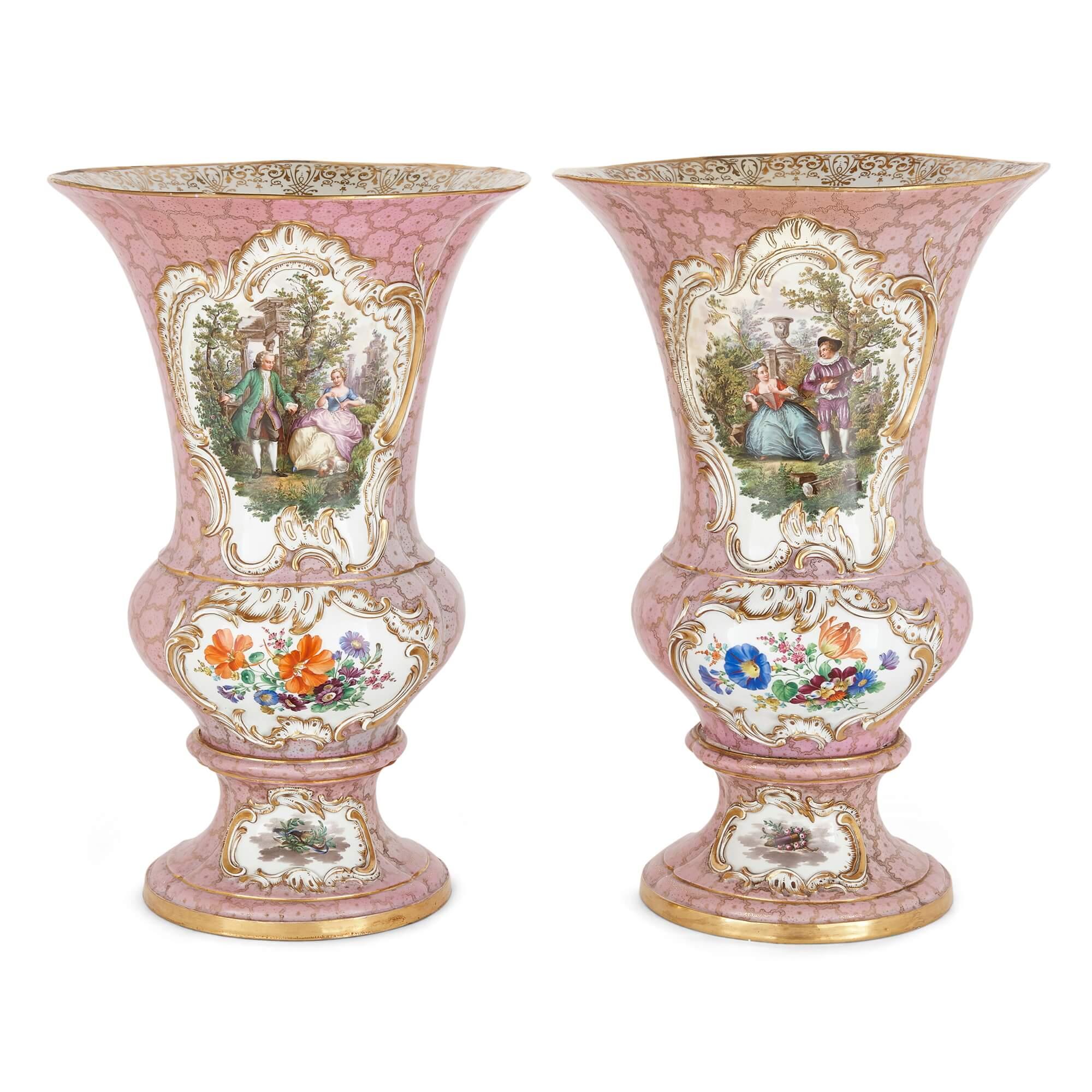 Pair of large pink-ground Meissen Porcelain floral vases 
German, Late 19th century 
Height 48, diameter 31cm

Manufactured by the renowned German porcelain manufactory, this impressive pair of porcelain vases is adorned with flowing
