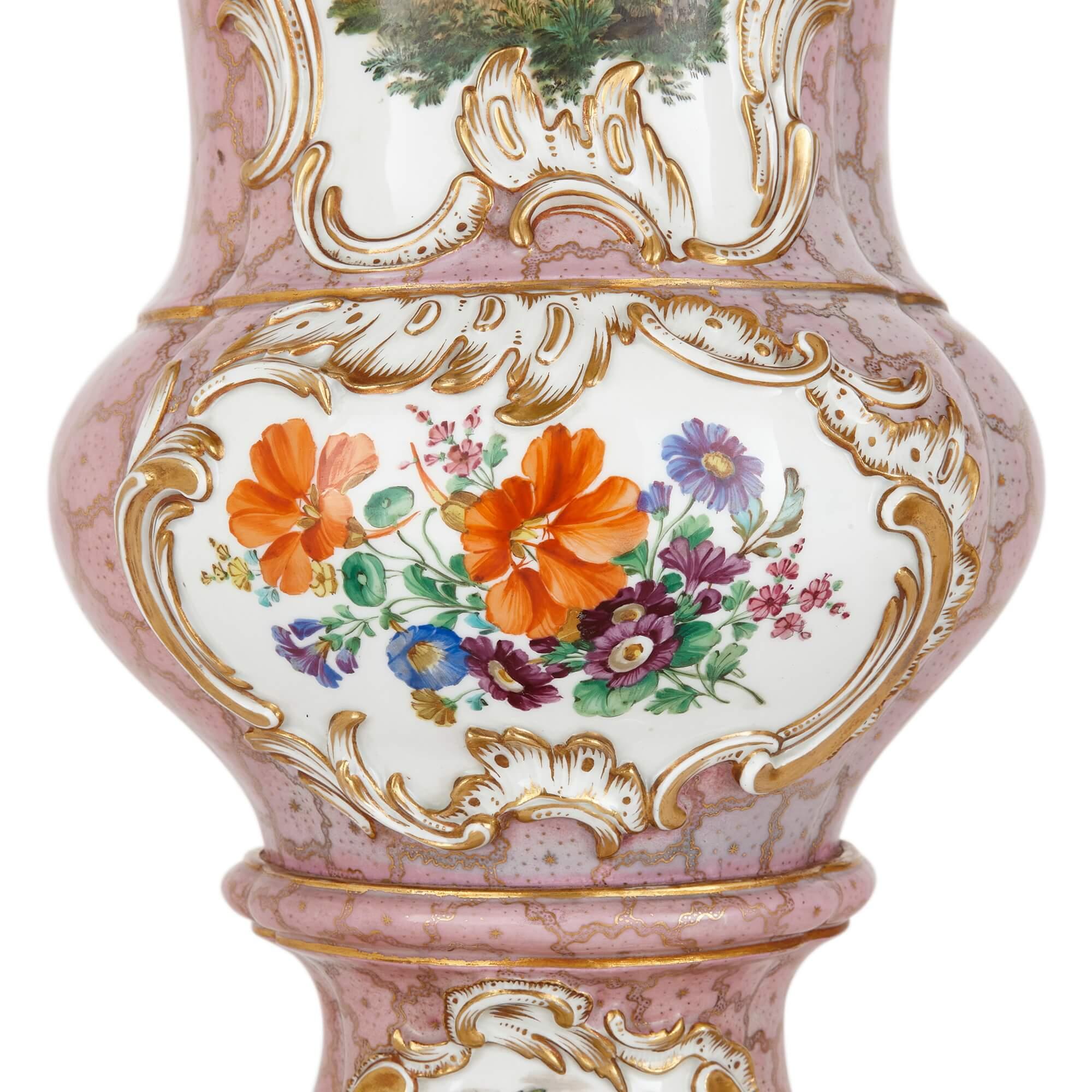 Gilt Pair of Large Pink-Ground Meissen Porcelain Floral Vases For Sale