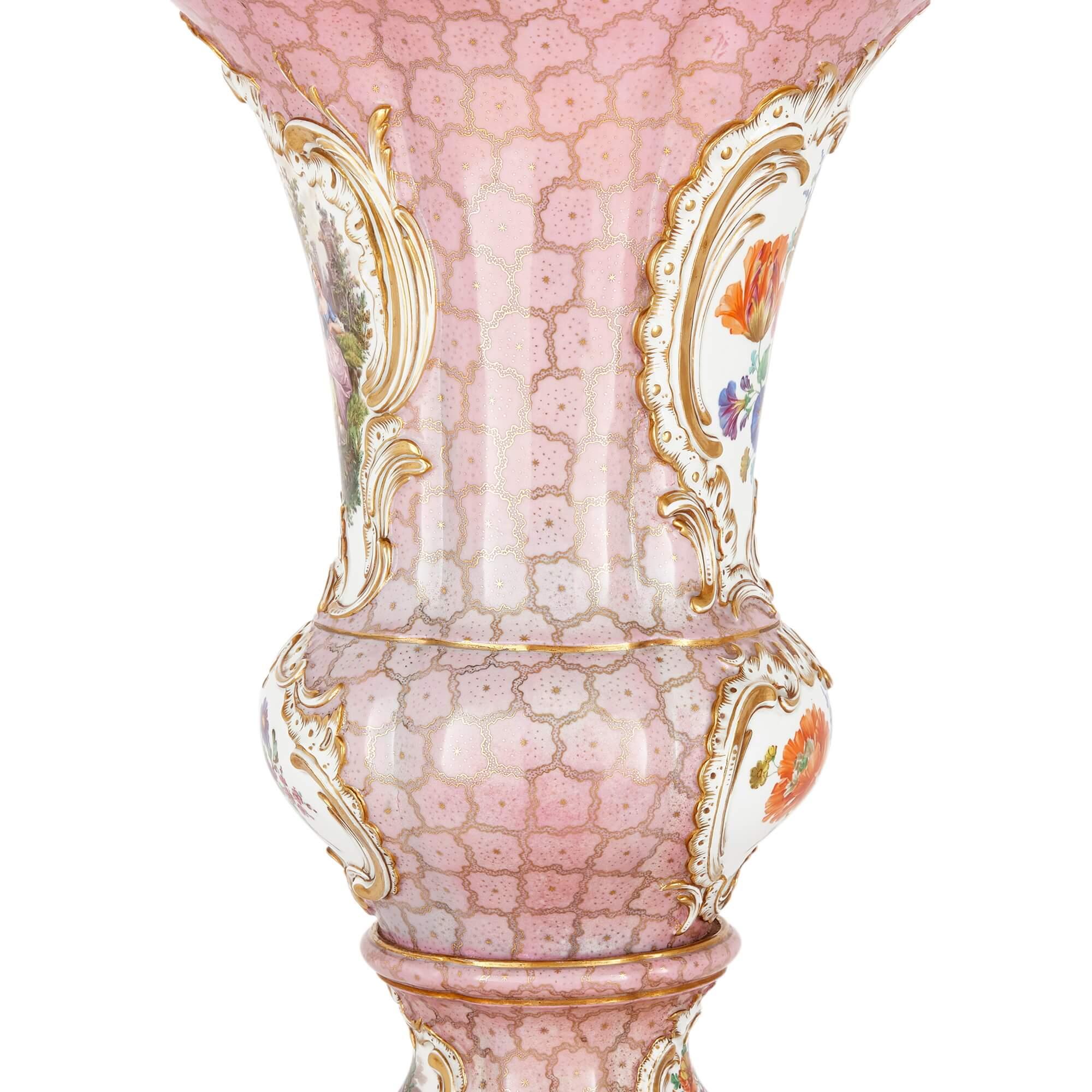 Pair of Large Pink-Ground Meissen Porcelain Floral Vases In Good Condition For Sale In London, GB