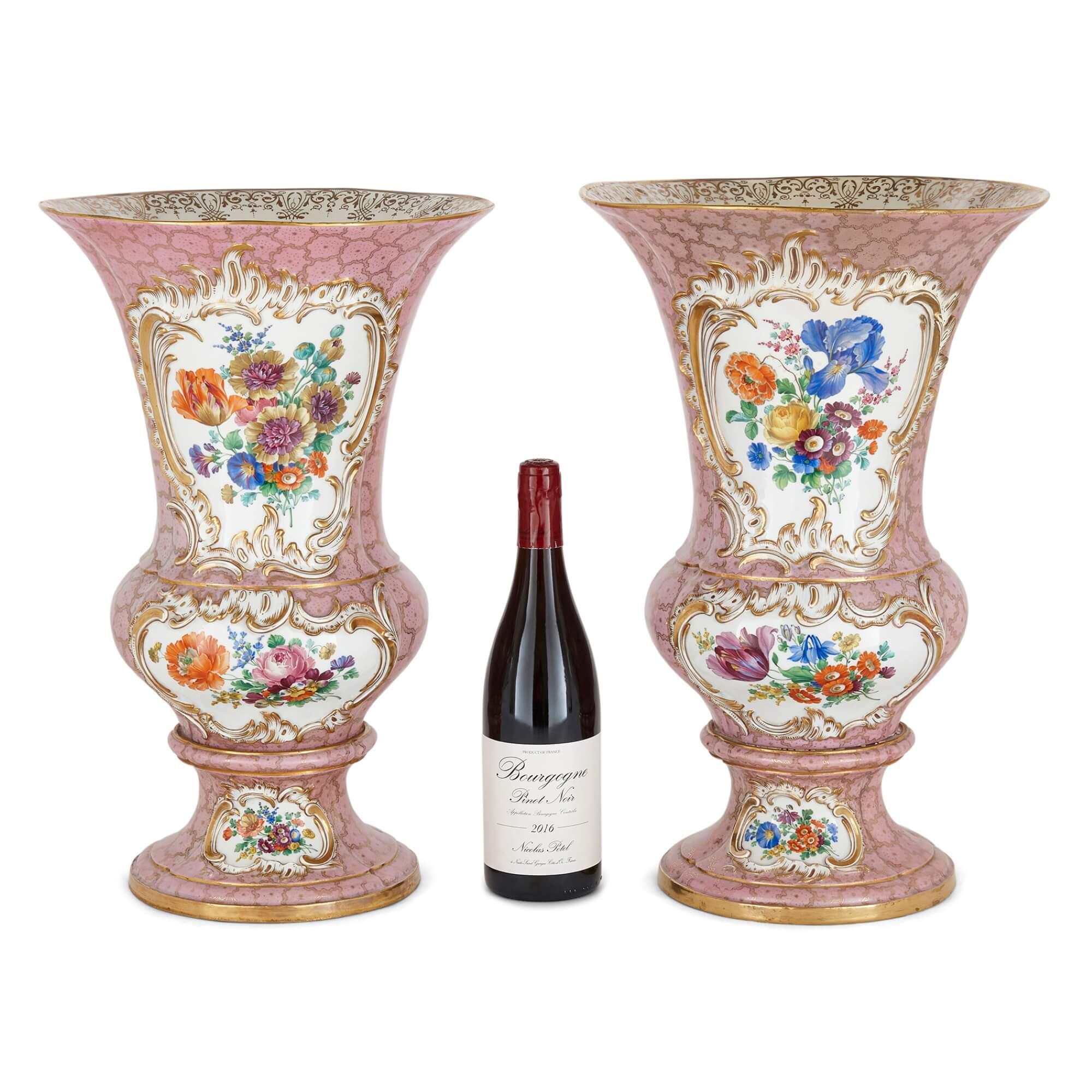 Pair of Large Pink-Ground Meissen Porcelain Floral Vases For Sale 1