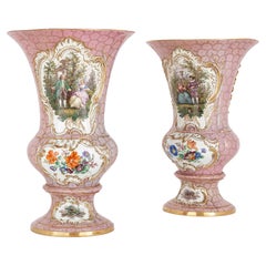 Pair of Large Pink-Ground Meissen Porcelain Floral Vases