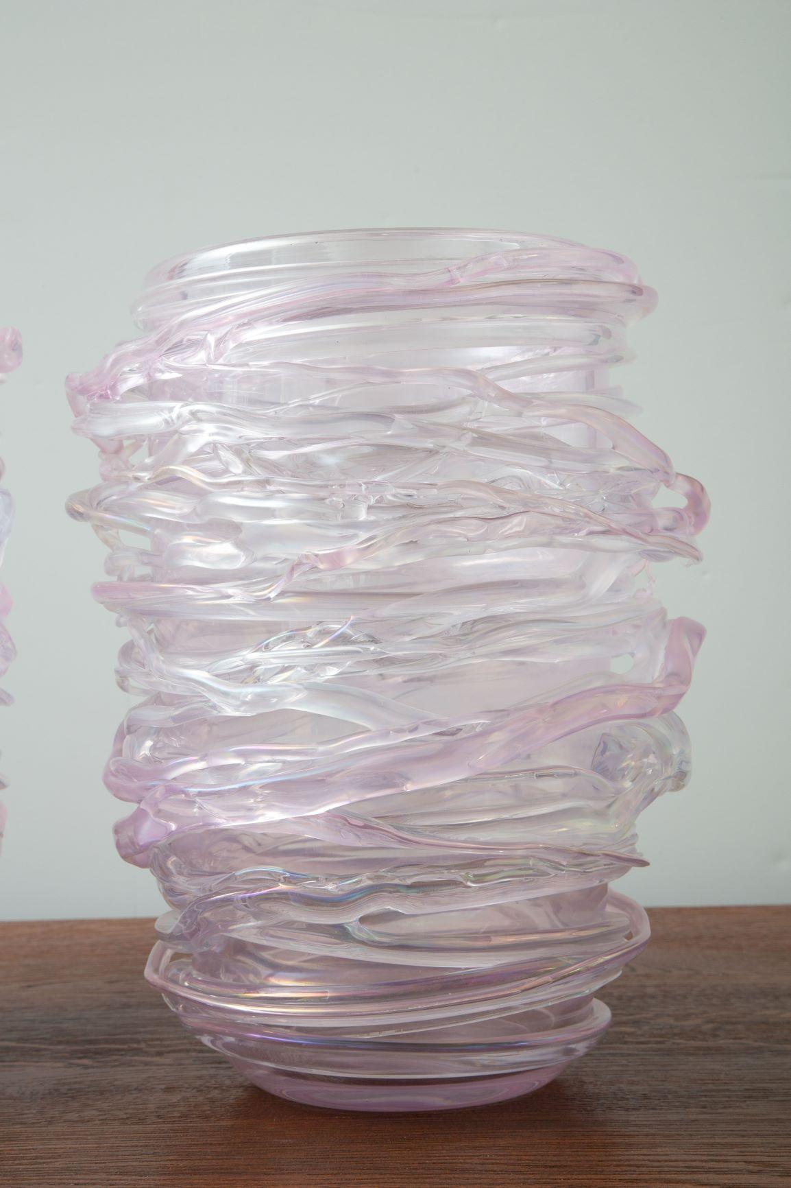 Pair of Large Pink Murano Glass Vases, in Stock In Excellent Condition In Miami, FL