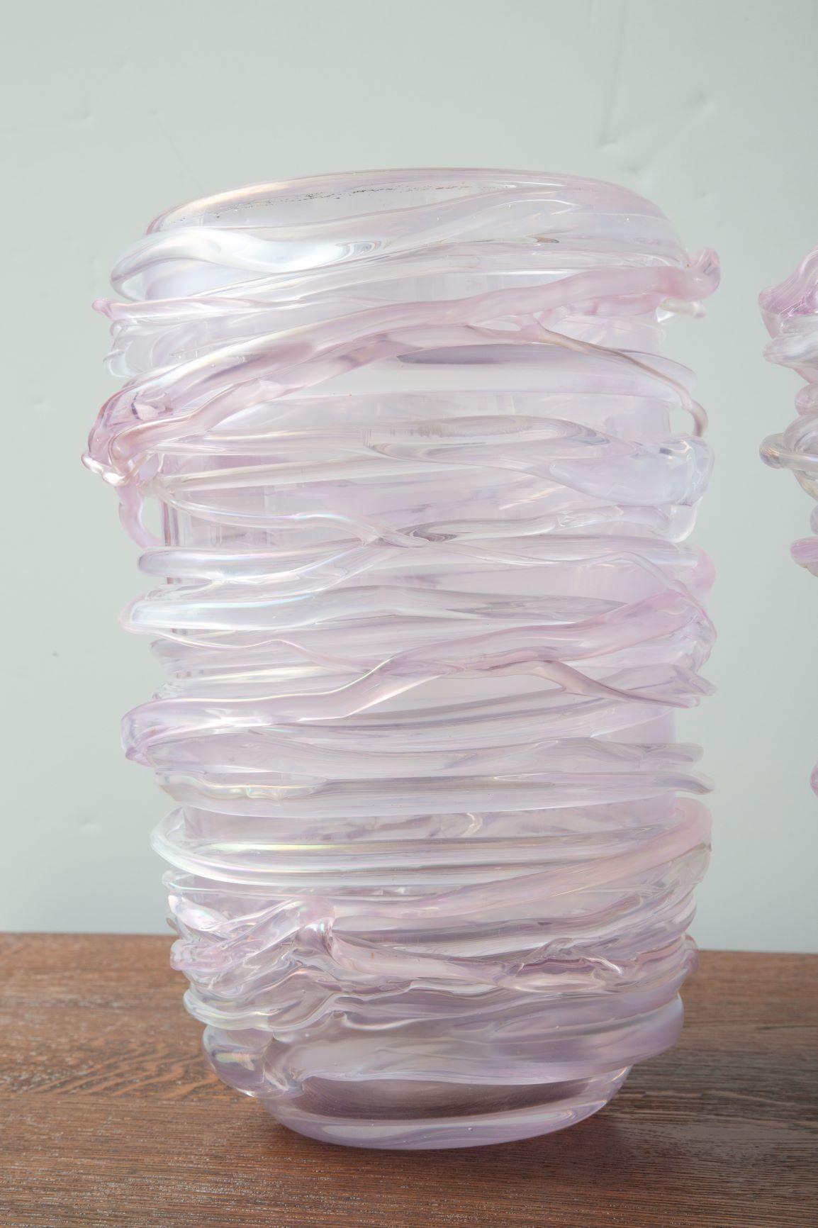 Contemporary Pair of Large Pink Murano Glass Vases, in Stock