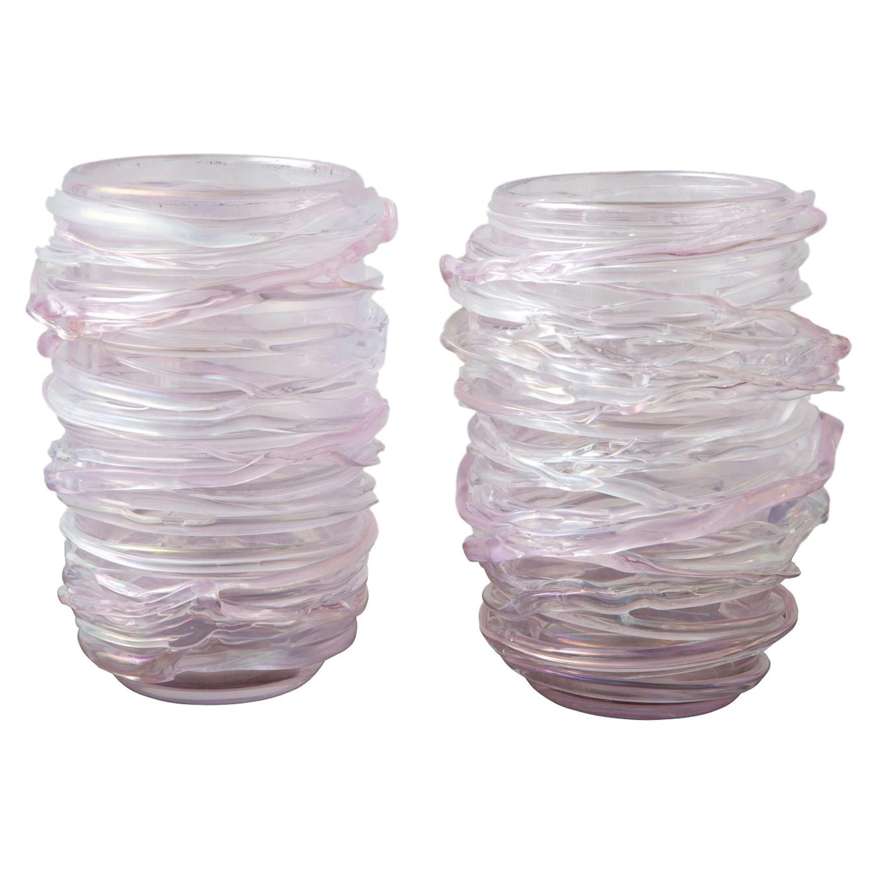Pair of Large Pink Murano Glass Vases, in Stock