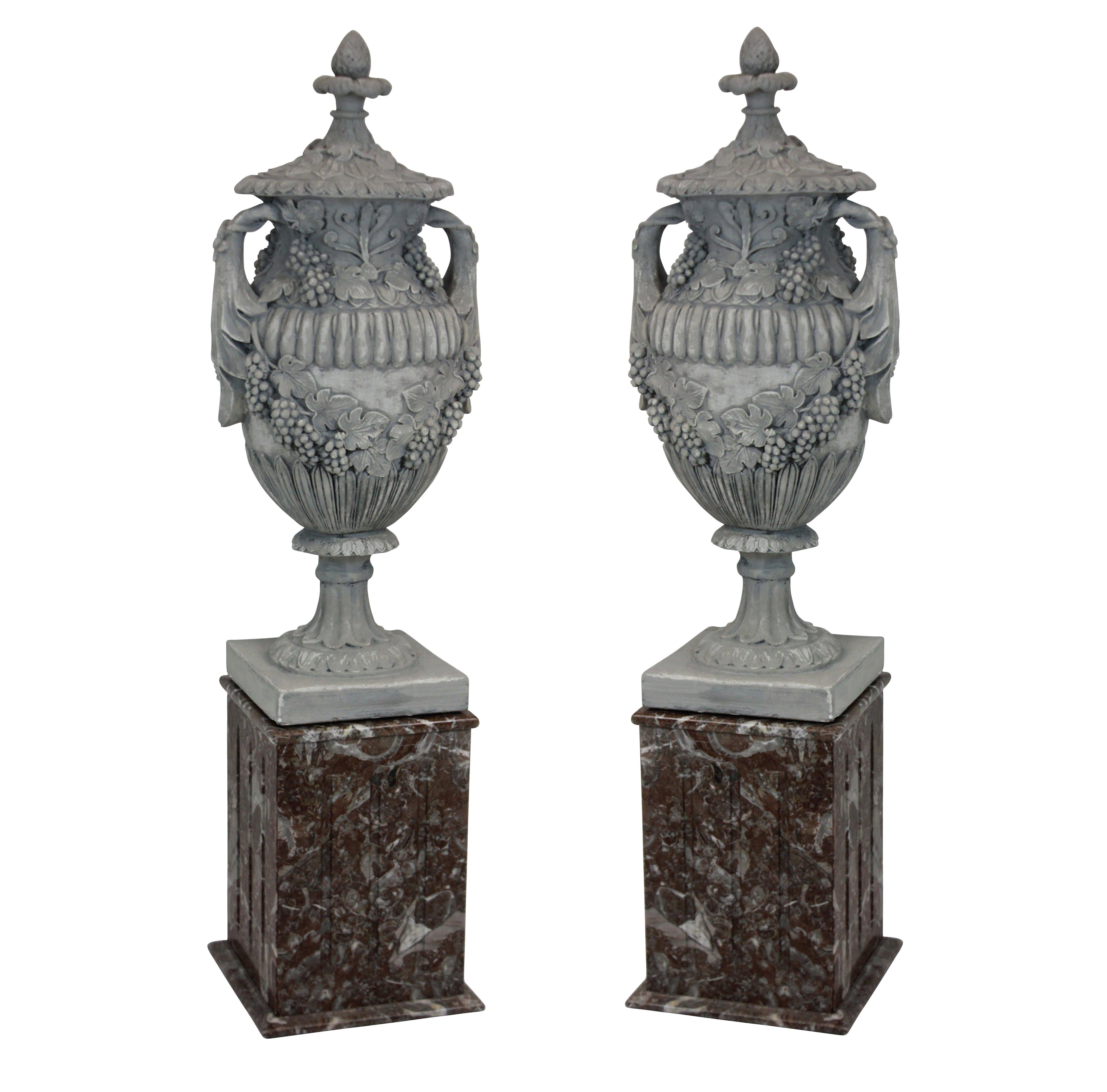 Pair of Large Plaster Urns on Marble Plinths In Good Condition In Kent, Dover