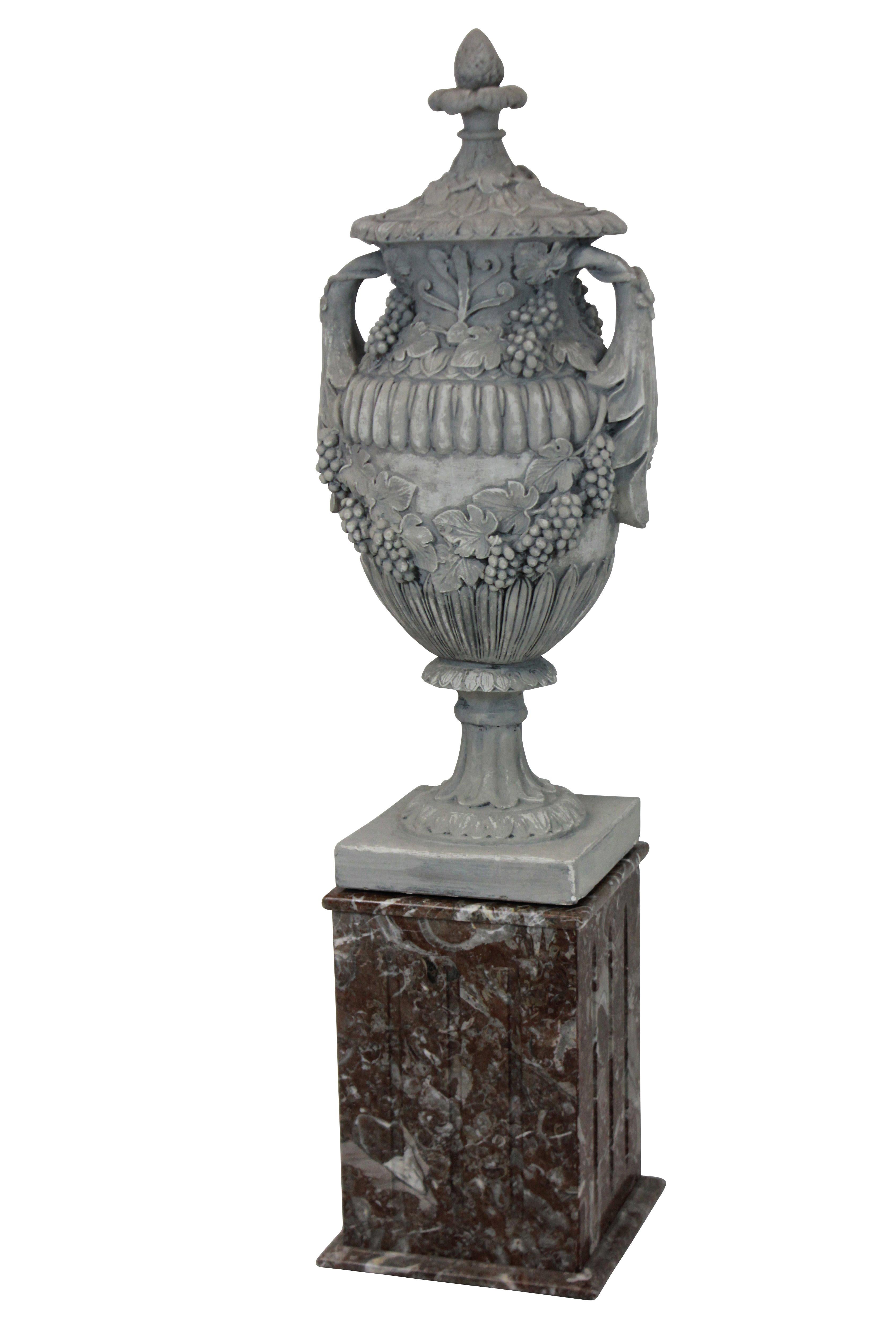 Mid-20th Century Pair of Large Plaster Urns on Marble Plinths