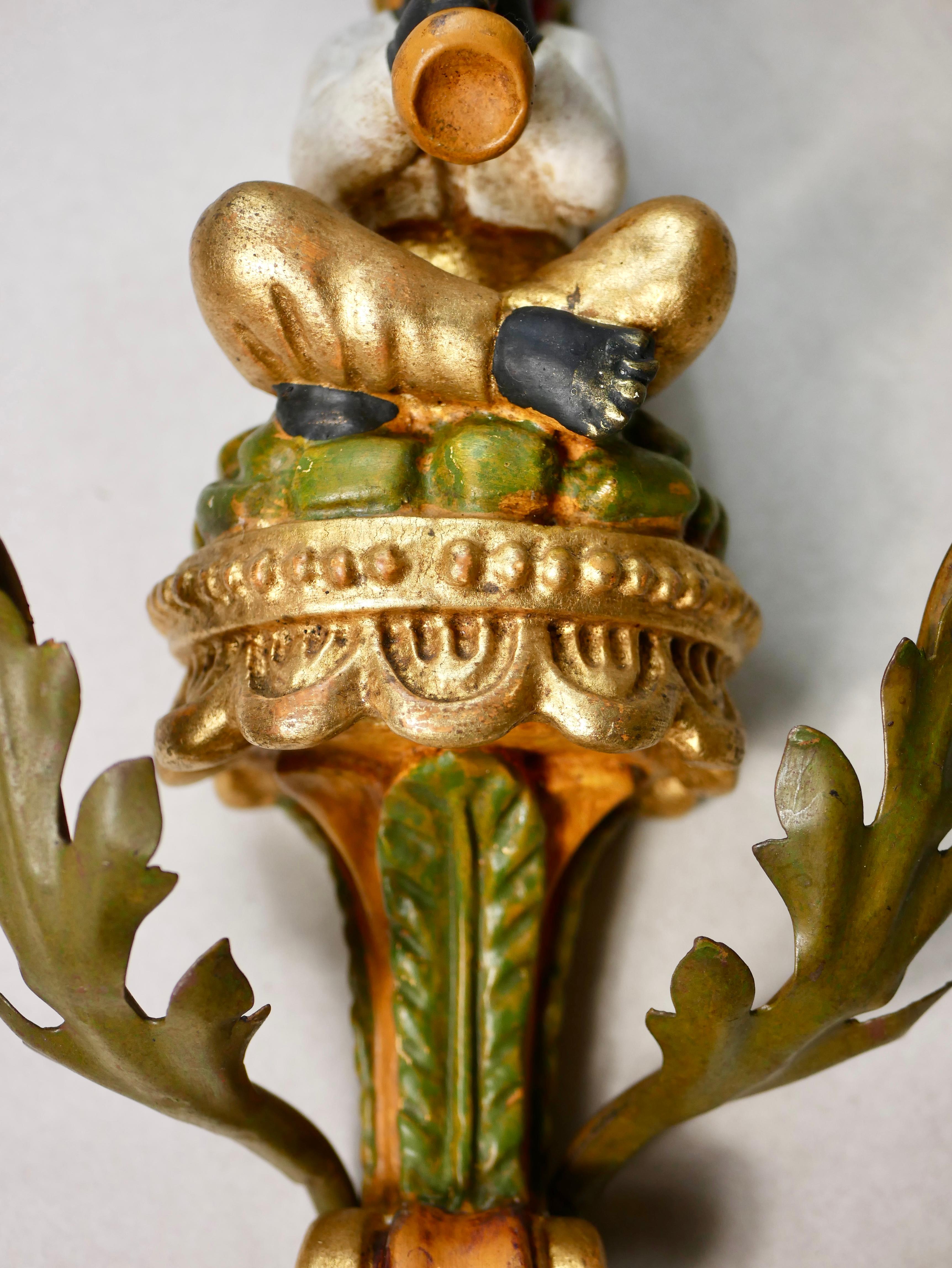 20th Century Pair of large polychrome carved wood sconces, Italy, early 20th century For Sale