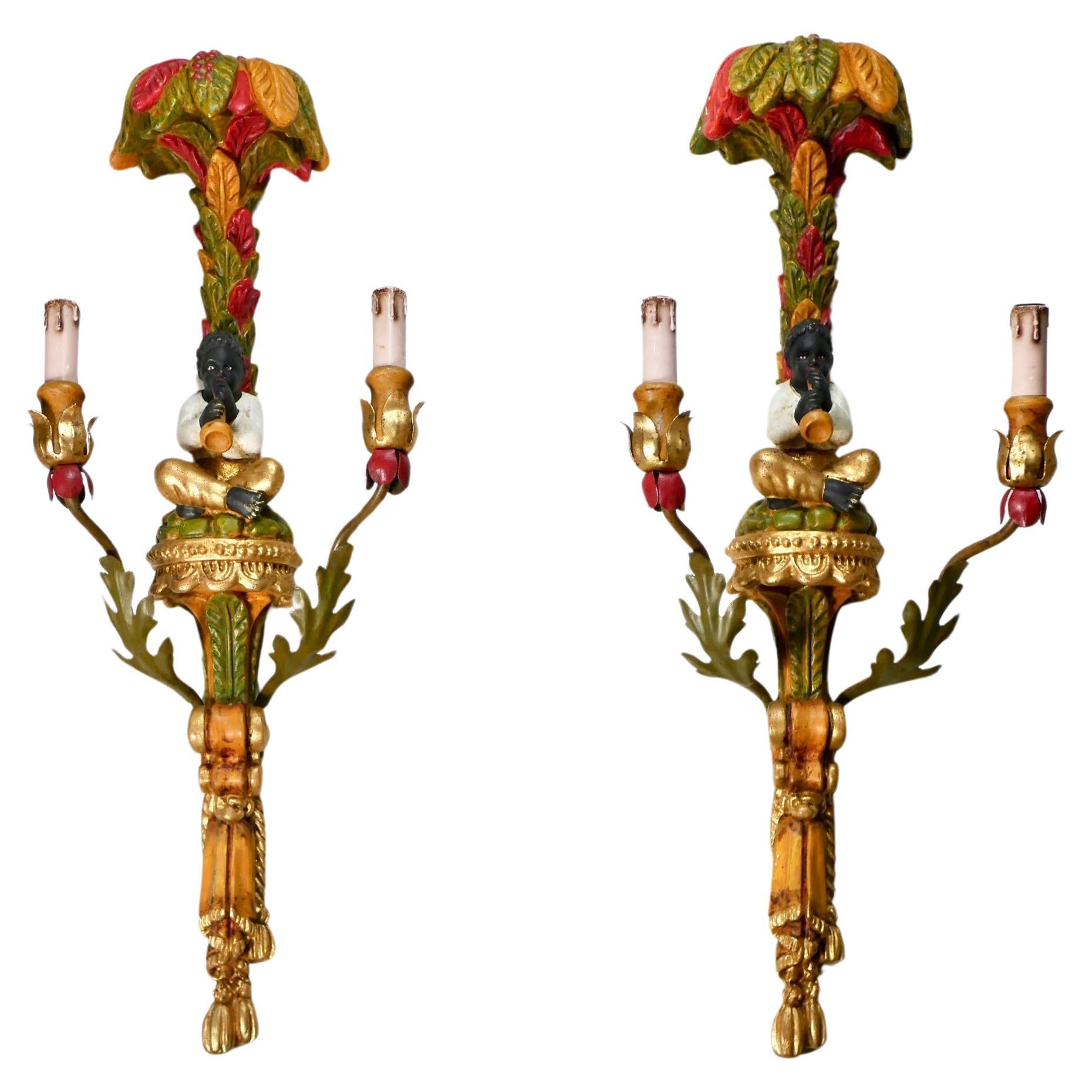 Pair of large polychrome carved wood sconces, Italy, early 20th century For Sale