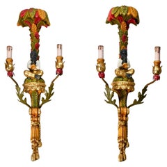 Antique Pair of large polychrome carved wood sconces, Italy, early 20th century