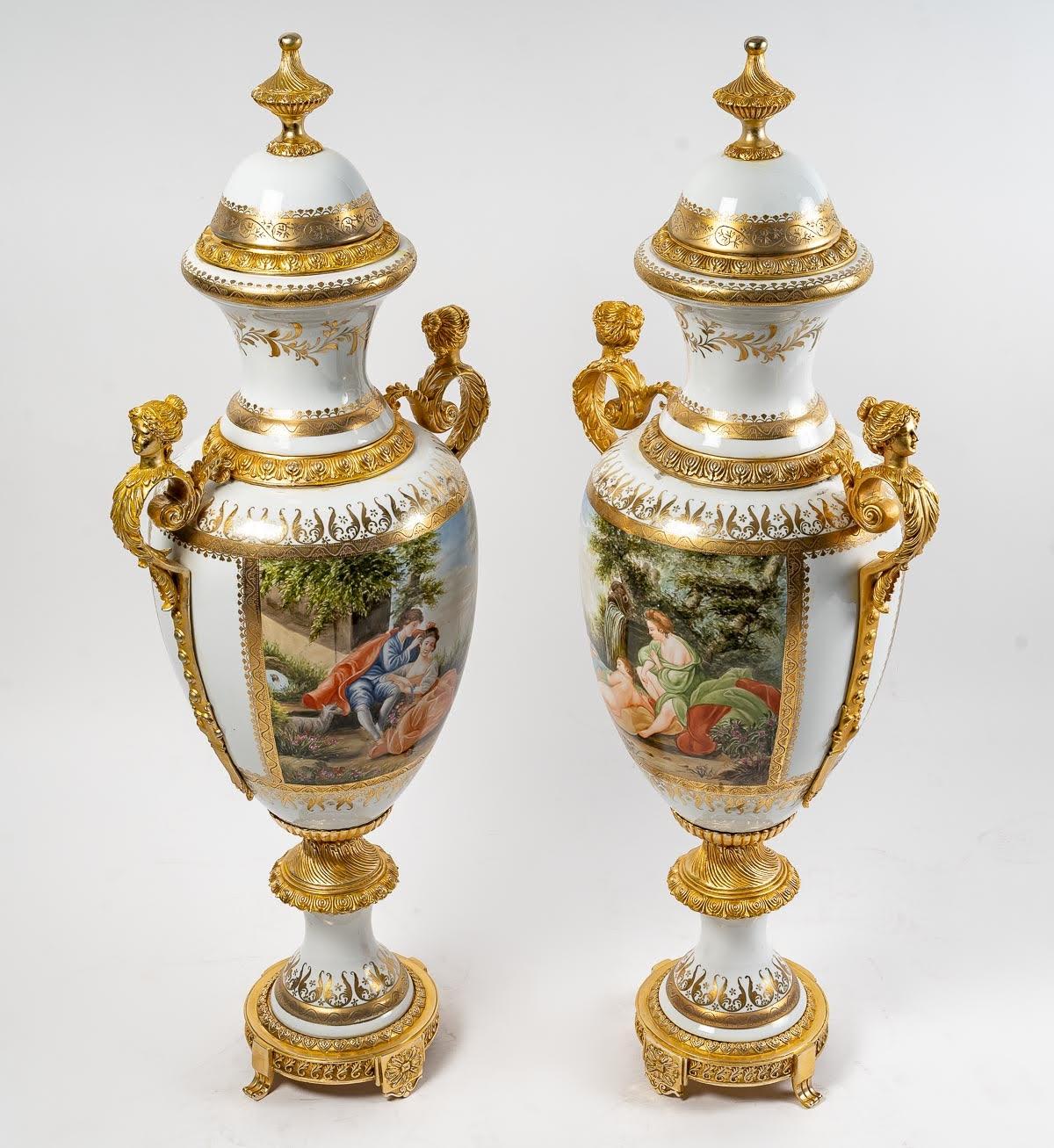 Pair of Large Porcelain and Gilt Bronze Covered Vases 4