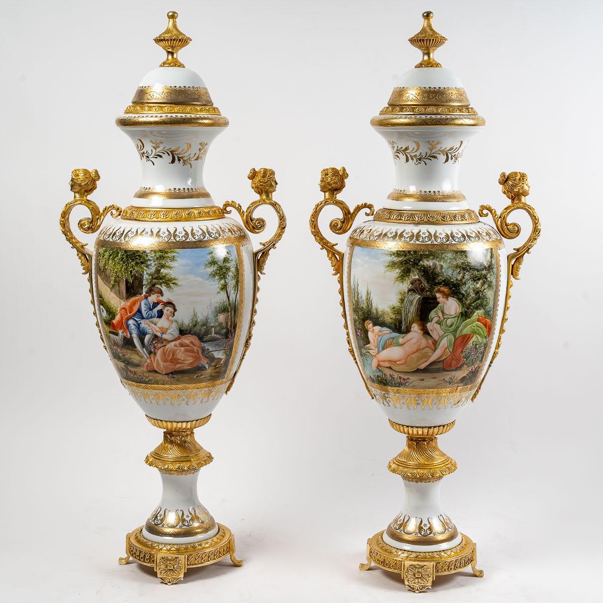 Pair of Large Porcelain and Gilt Bronze Covered Vases 5