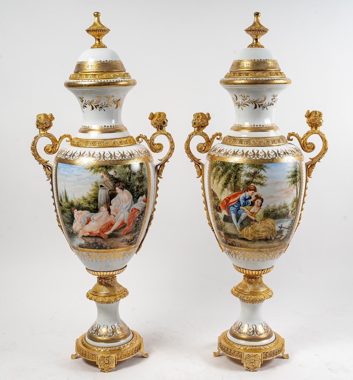 French Pair of Large Porcelain and Gilt Bronze Covered Vases