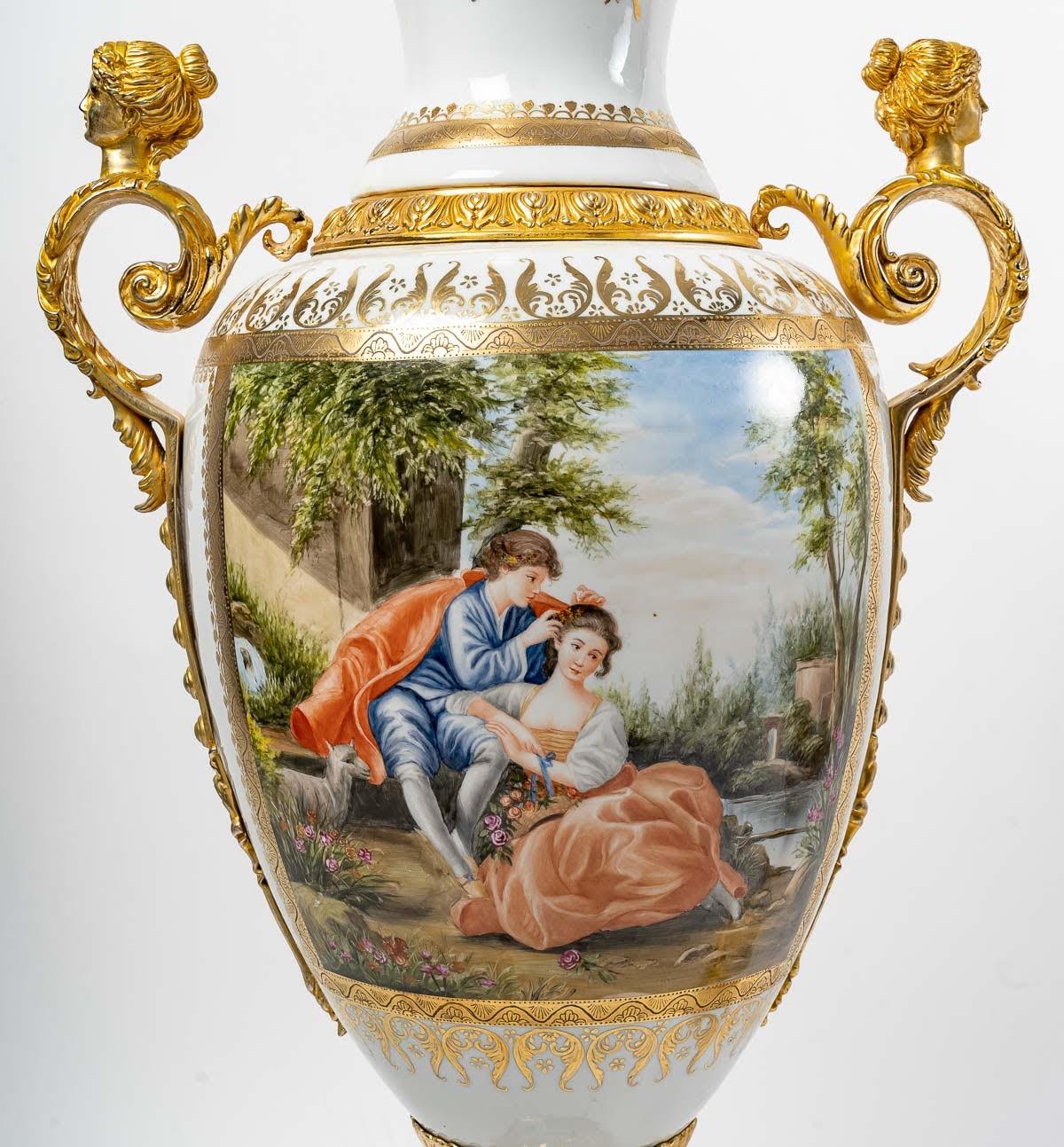 Pair of Large Porcelain and Gilt Bronze Covered Vases 1