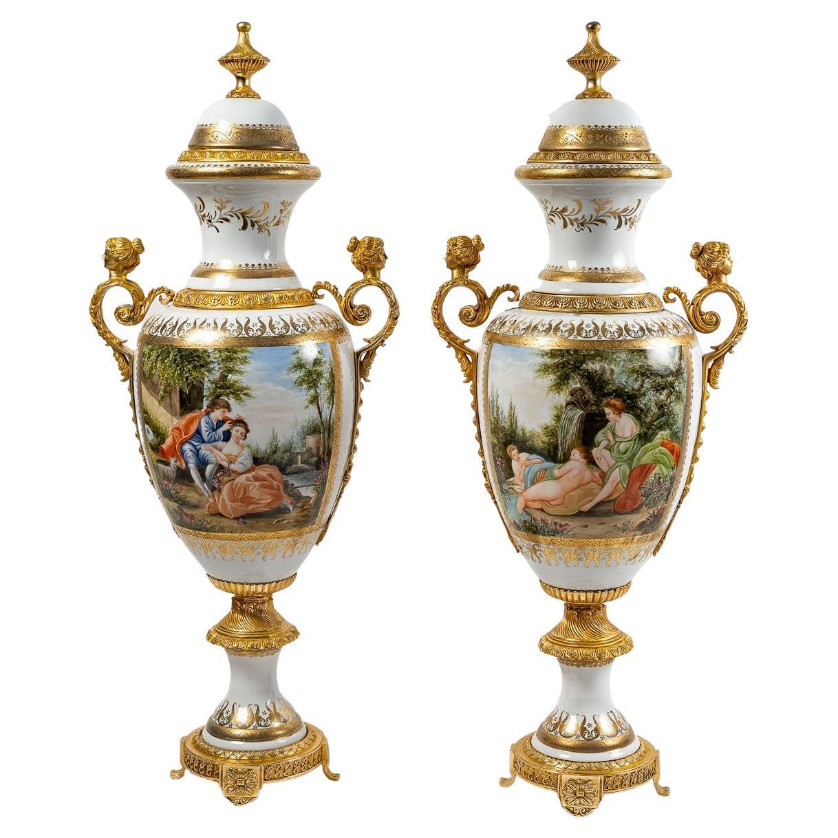 Pair of Large Porcelain and Gilt Bronze Covered Vases