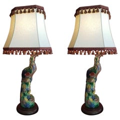 Pair of Large Porcelain Birds Made into Lamps, 20th Century