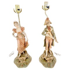 Pair of Large Porcelain Ceramic Dancing Very Fine Figurines Table Lamps MINT!