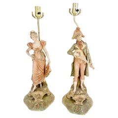 Pair of Large Porcelain Ceramic Dancing Very Fine Figurines Table Lamps MINT!