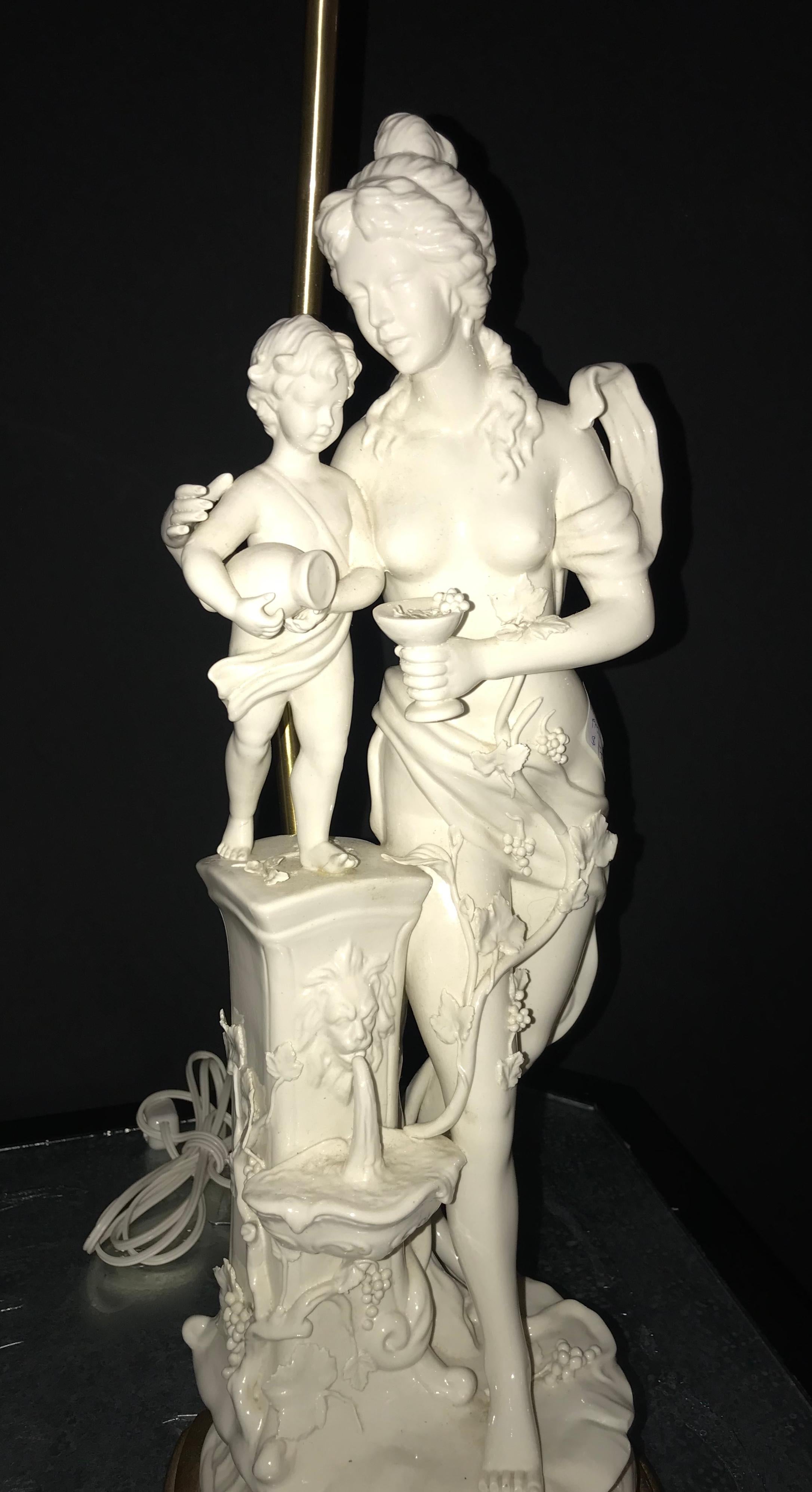 Pair of Large Porcelain Figural Opposing Bare Brested Woman & Angel Table Lamps 4