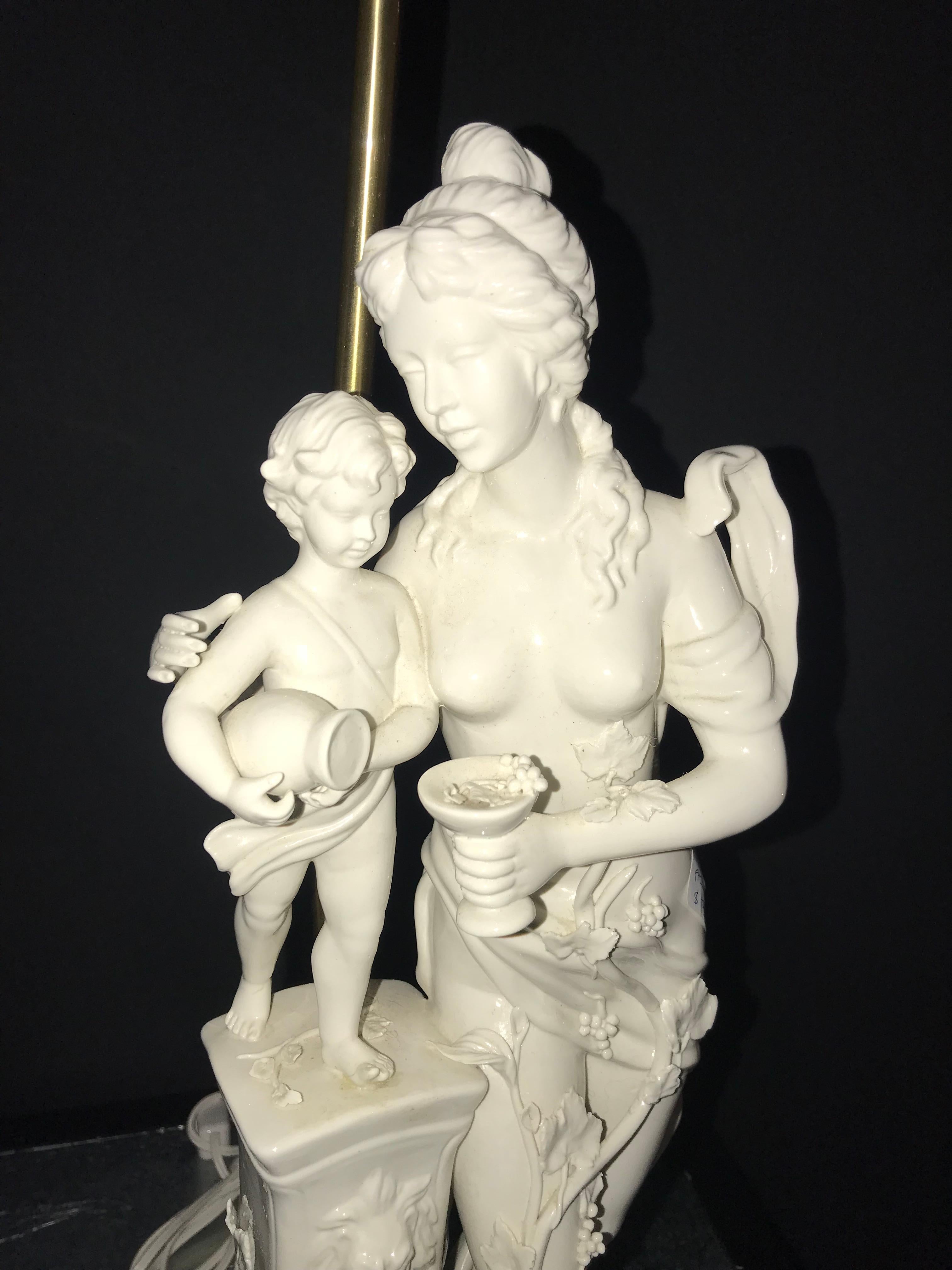 Pair of Large Porcelain Figural Opposing Bare Brested Woman & Angel Table Lamps 5