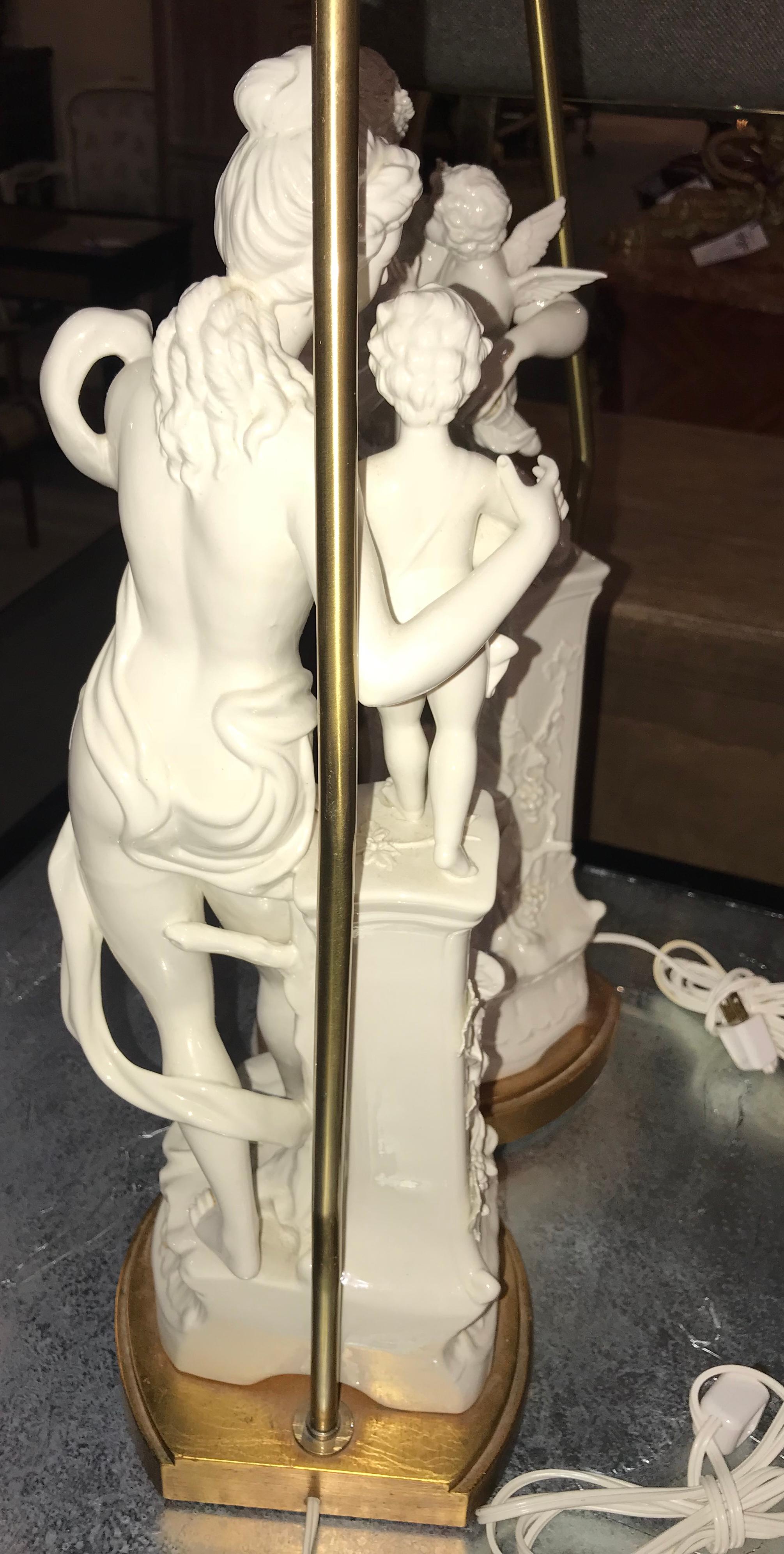Pair of Large Porcelain Figural Opposing Bare Brested Woman & Angel Table Lamps 8