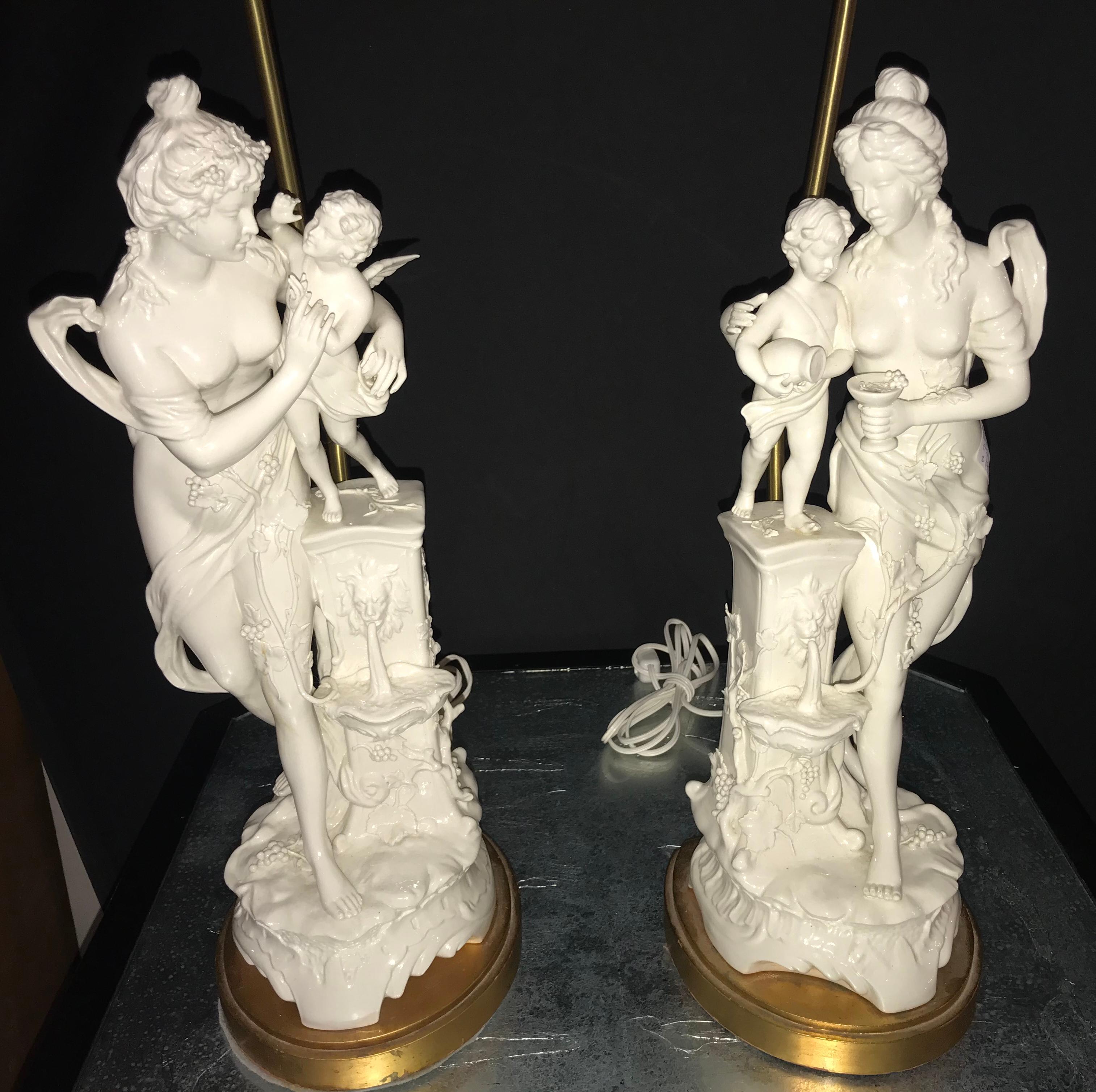 Pair of Large Porcelain Figural Opposing Bare Brested Woman & Angel Table Lamps (Neoklassisch)